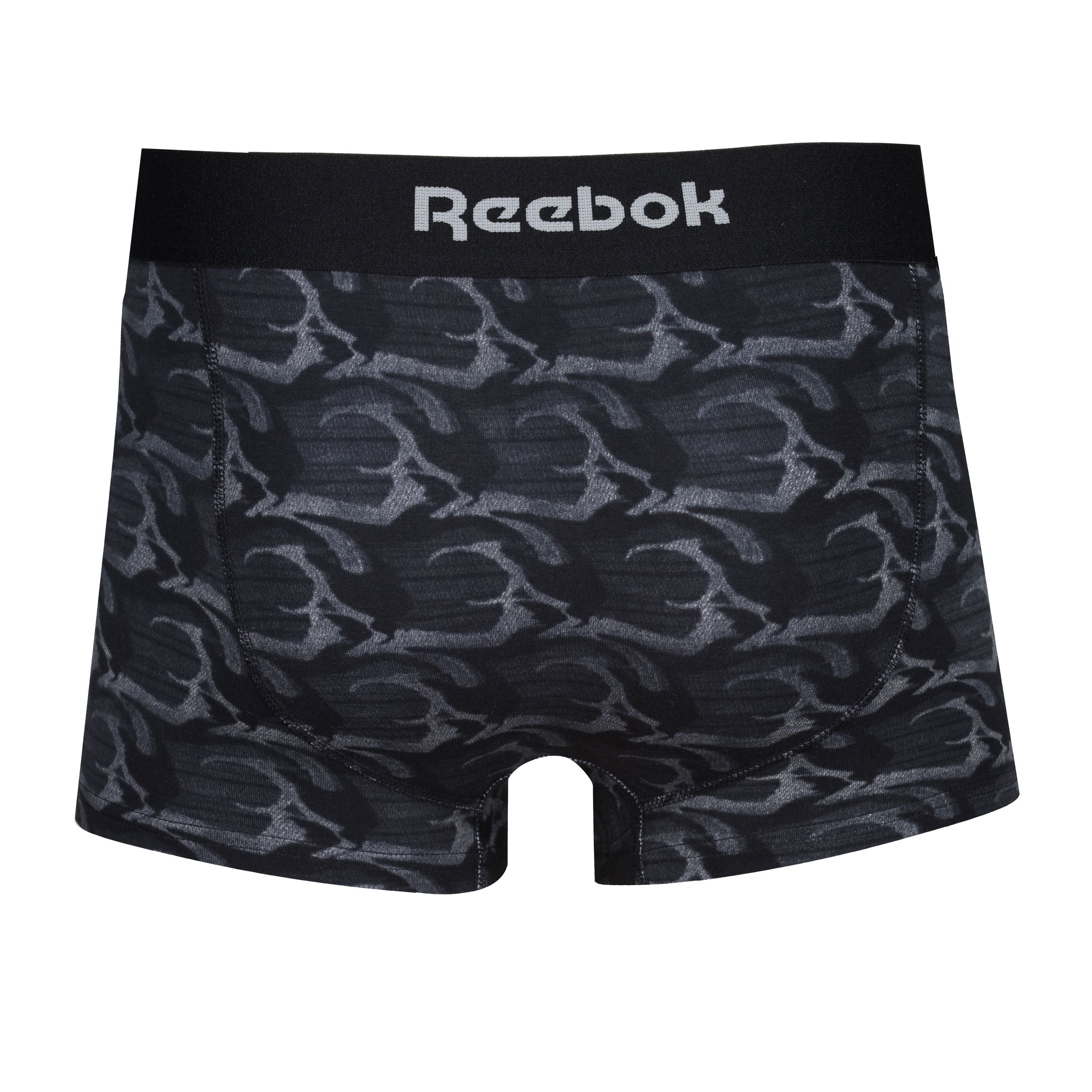 Reebok Mens Cotton Stretch 3 Pack Harley Black Trunks - Black/Print/Grey Marl