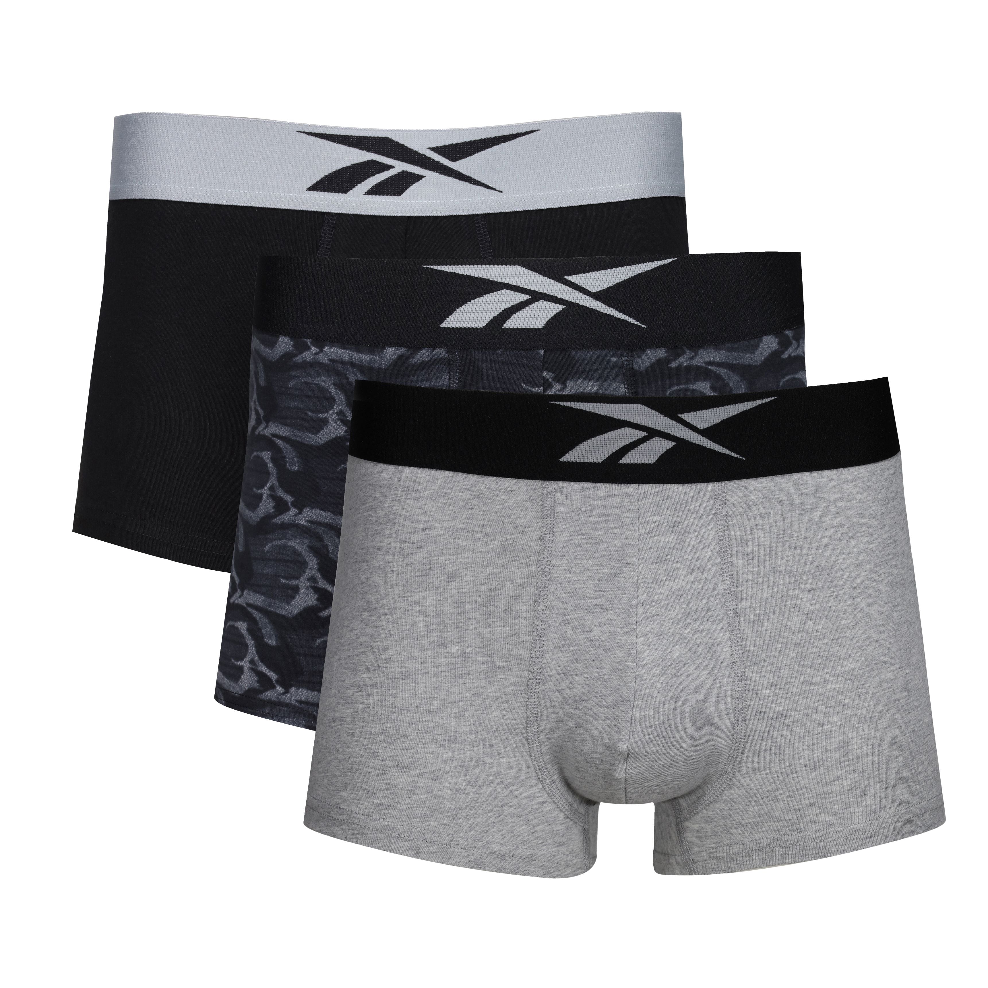 Reebok Mens Cotton Stretch 3 Pack Harley Black Trunks - Black/Print/Grey Marl