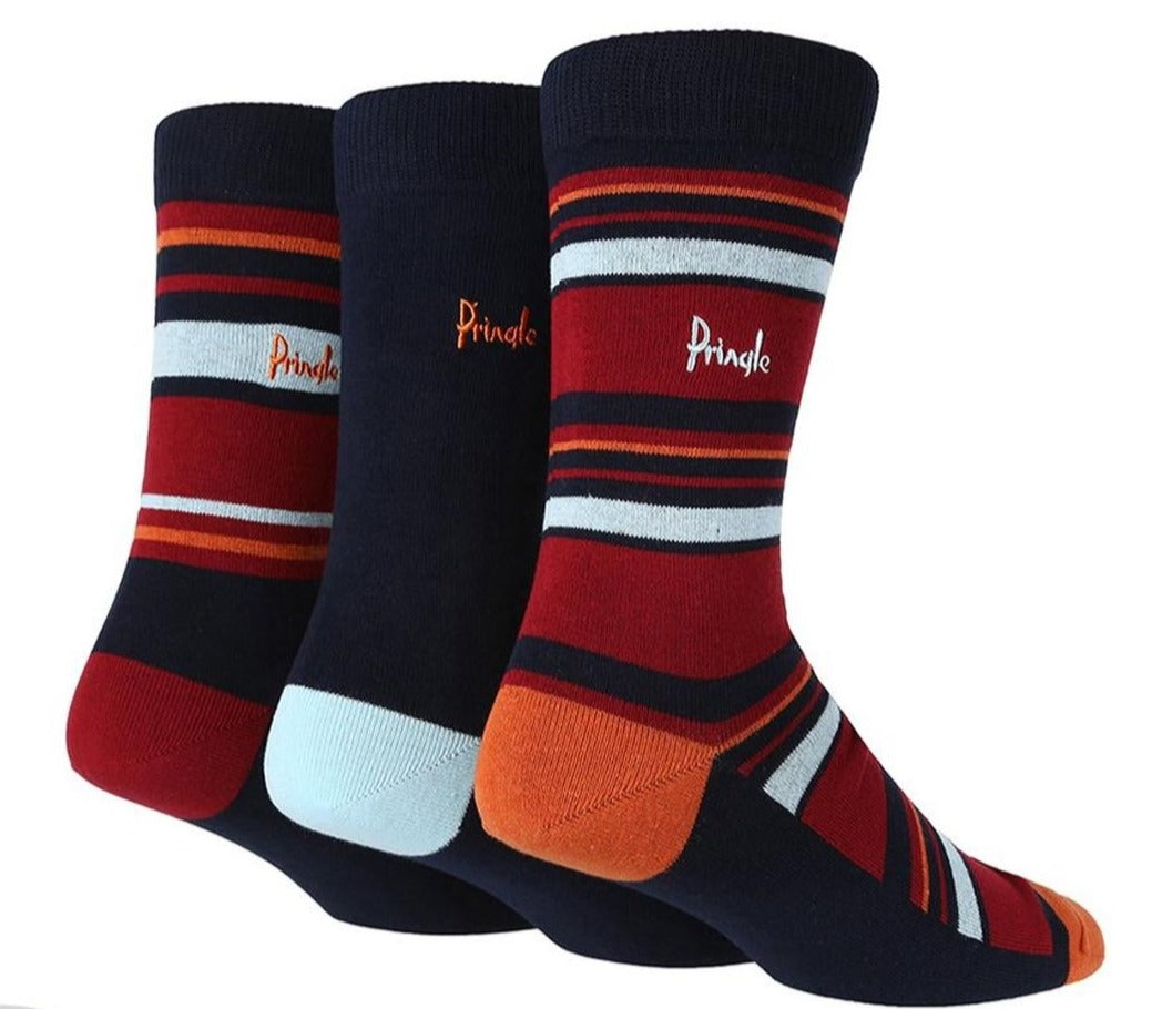 Pringle 3 Pack Cotton Jacquard Men's Fashion Socks - Navy with Multi Stripe