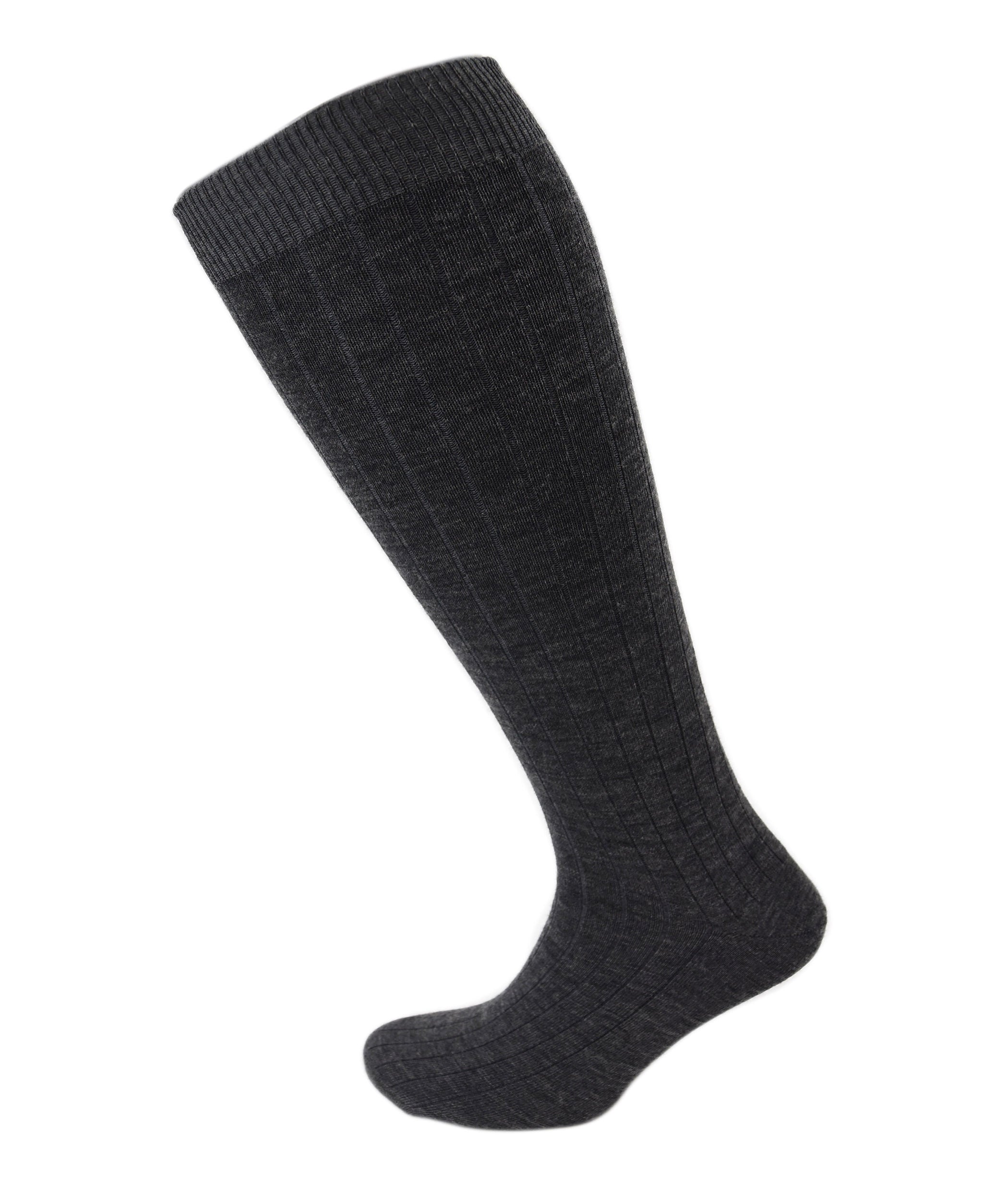 Viyella Mens Knee High Wool Ribbed Sock With Hand Linked Toe - Mid Grey