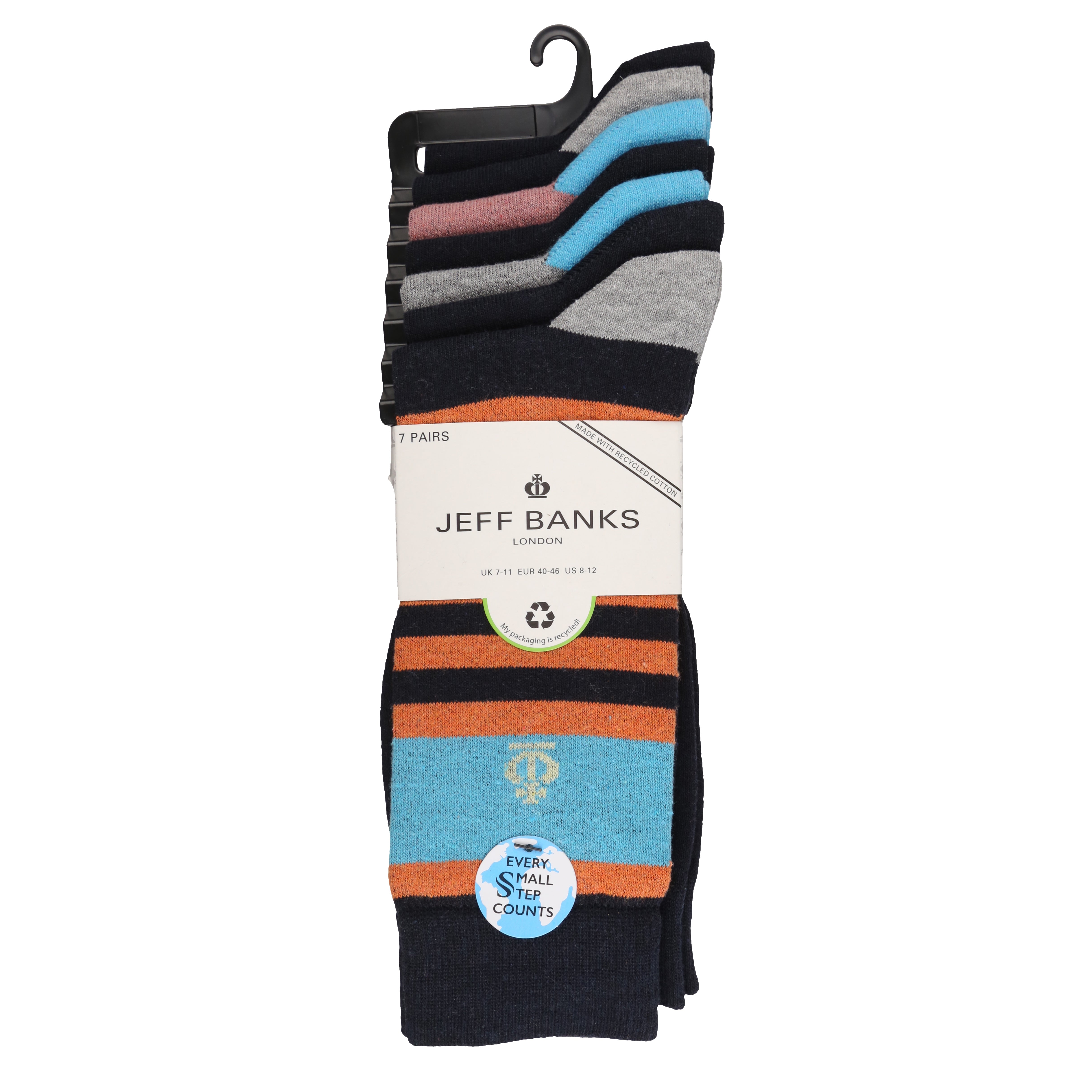 Jeff Banks Men's 7 Pack Cotton Block Stripes Socks - Navy