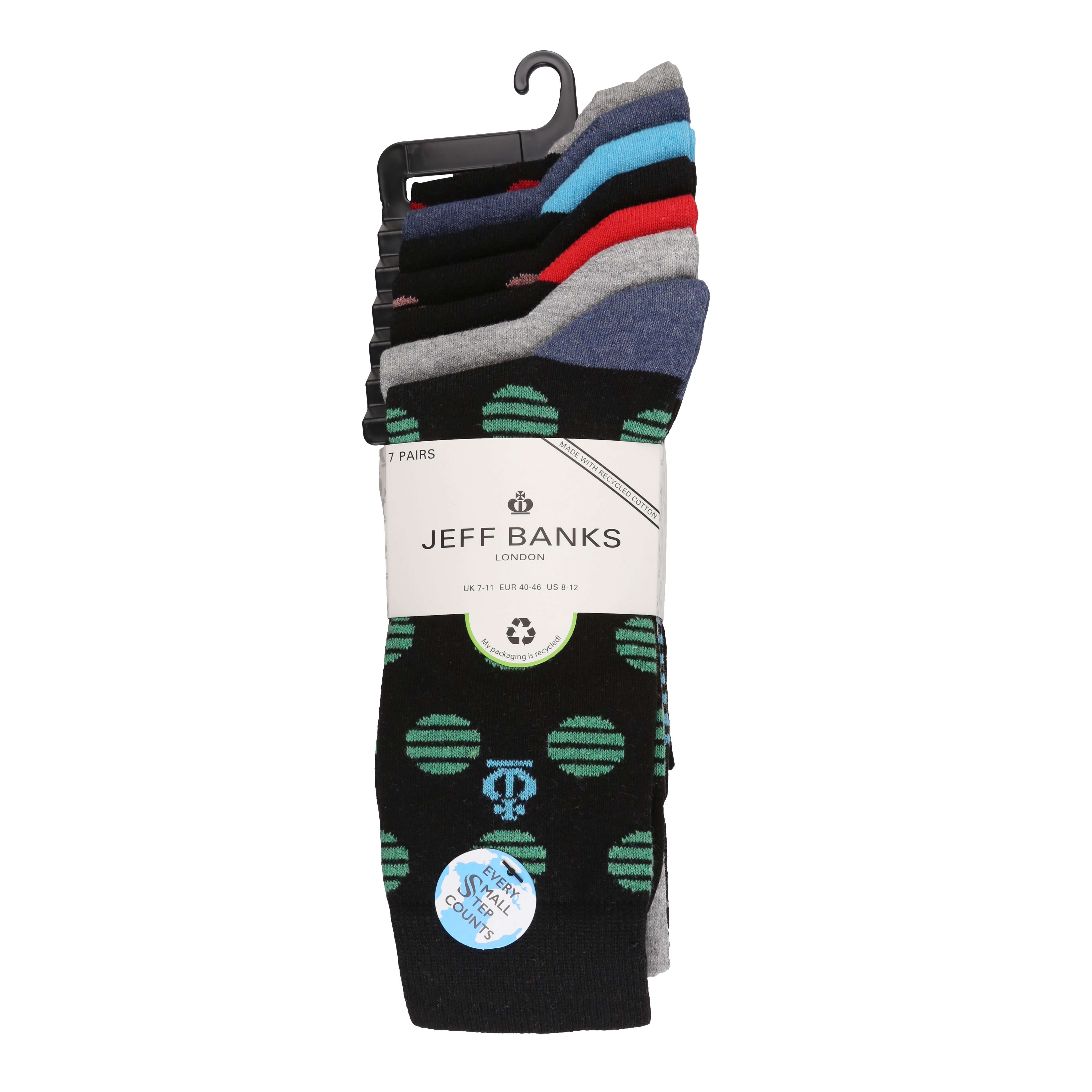 Jeff Banks Men's 7 Pack Cotton Striped Spots Socks - Black