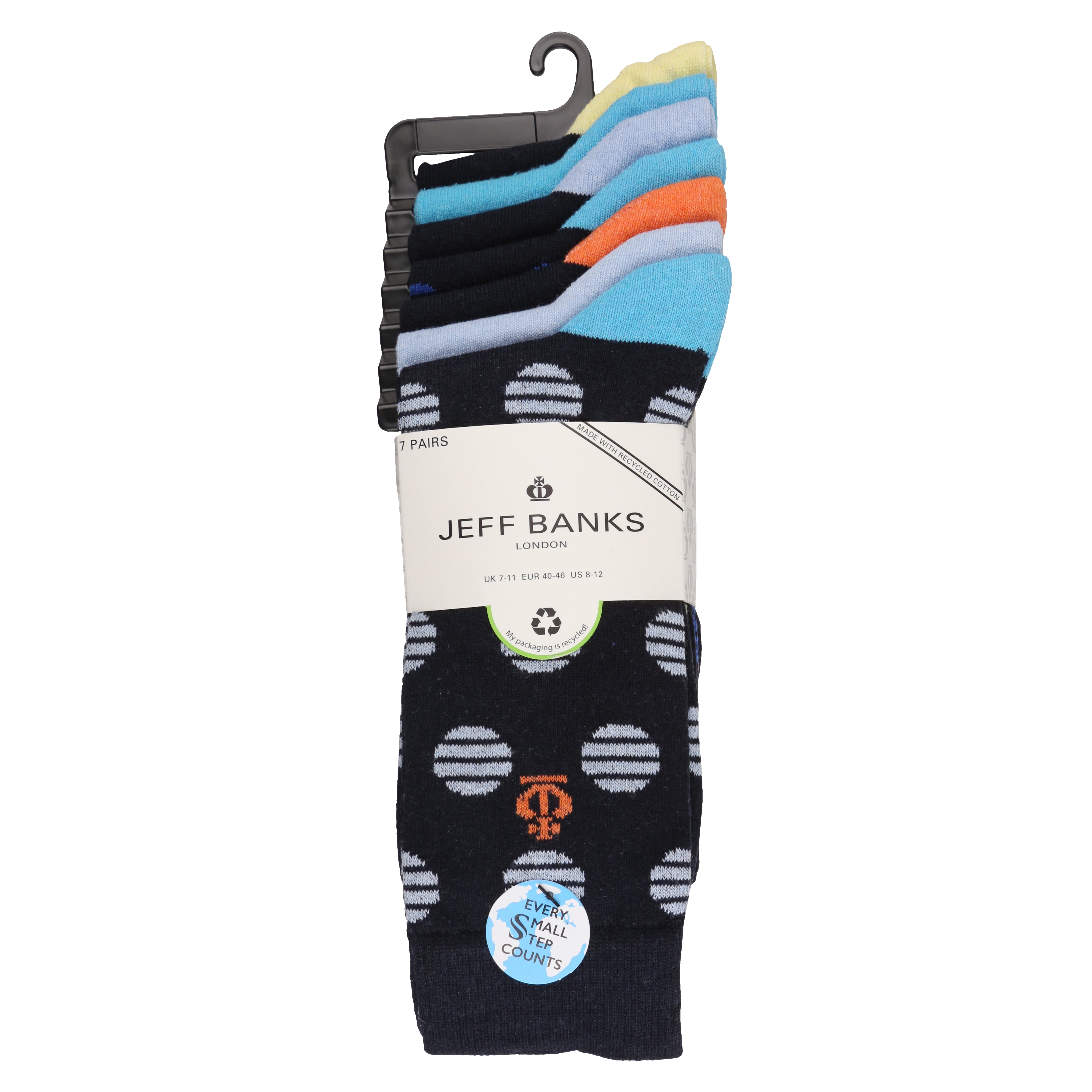 Jeff Banks Men's 7 Pack Cotton Striped Spots Socks - Navy