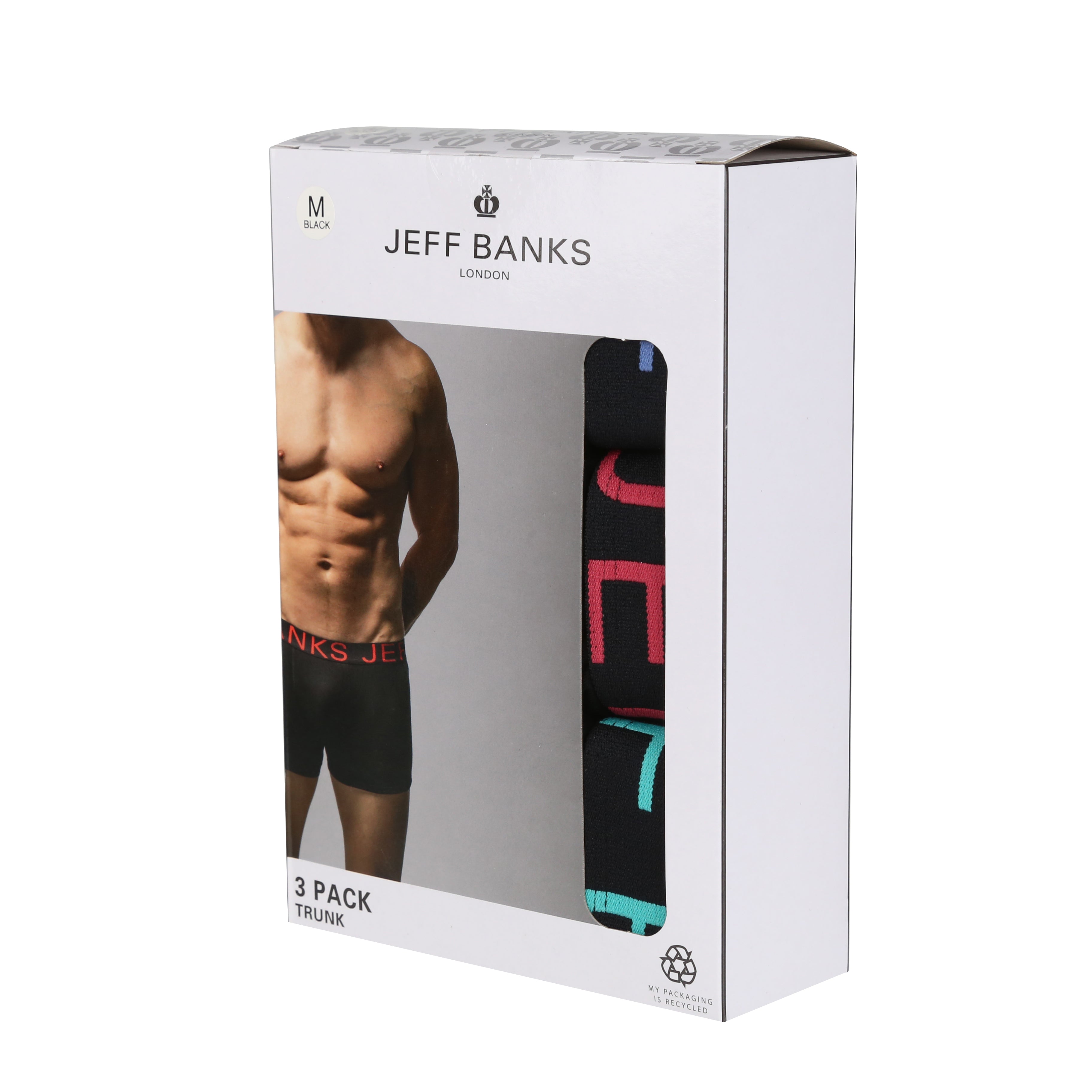 Jeff Banks Men's 3 Pack Black Cotton Fashion Trunks - Black with Coloured Waistbands