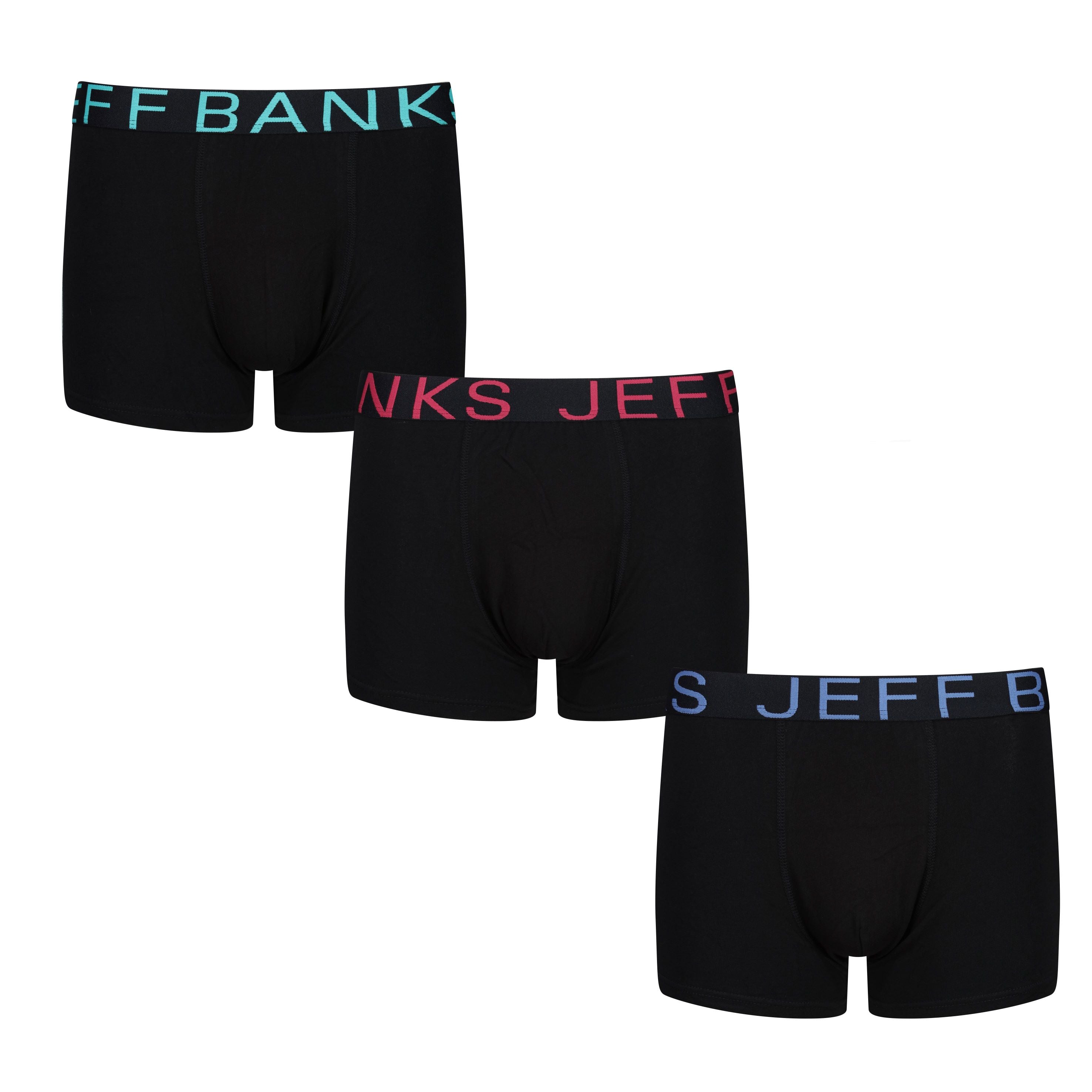 Jeff Banks Men's 3 Pack Black Cotton Fashion Trunks - Black with Coloured Waistbands