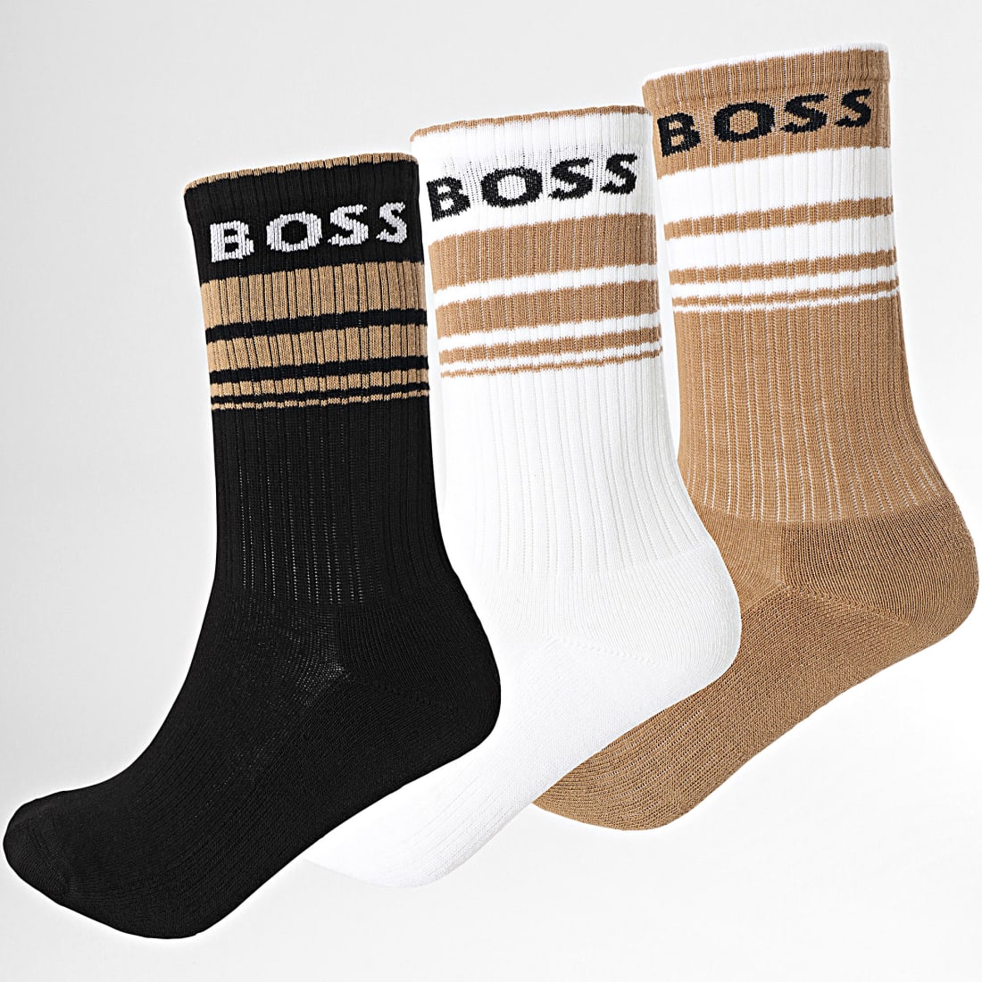 Boss 3 Pack Rib Stripe Socks - White/Black/Beige