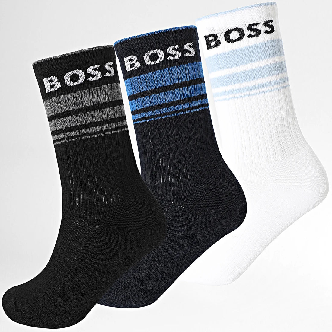 Boss 3 Pack Rib Stripe Socks - Black/ Navy Blue / White