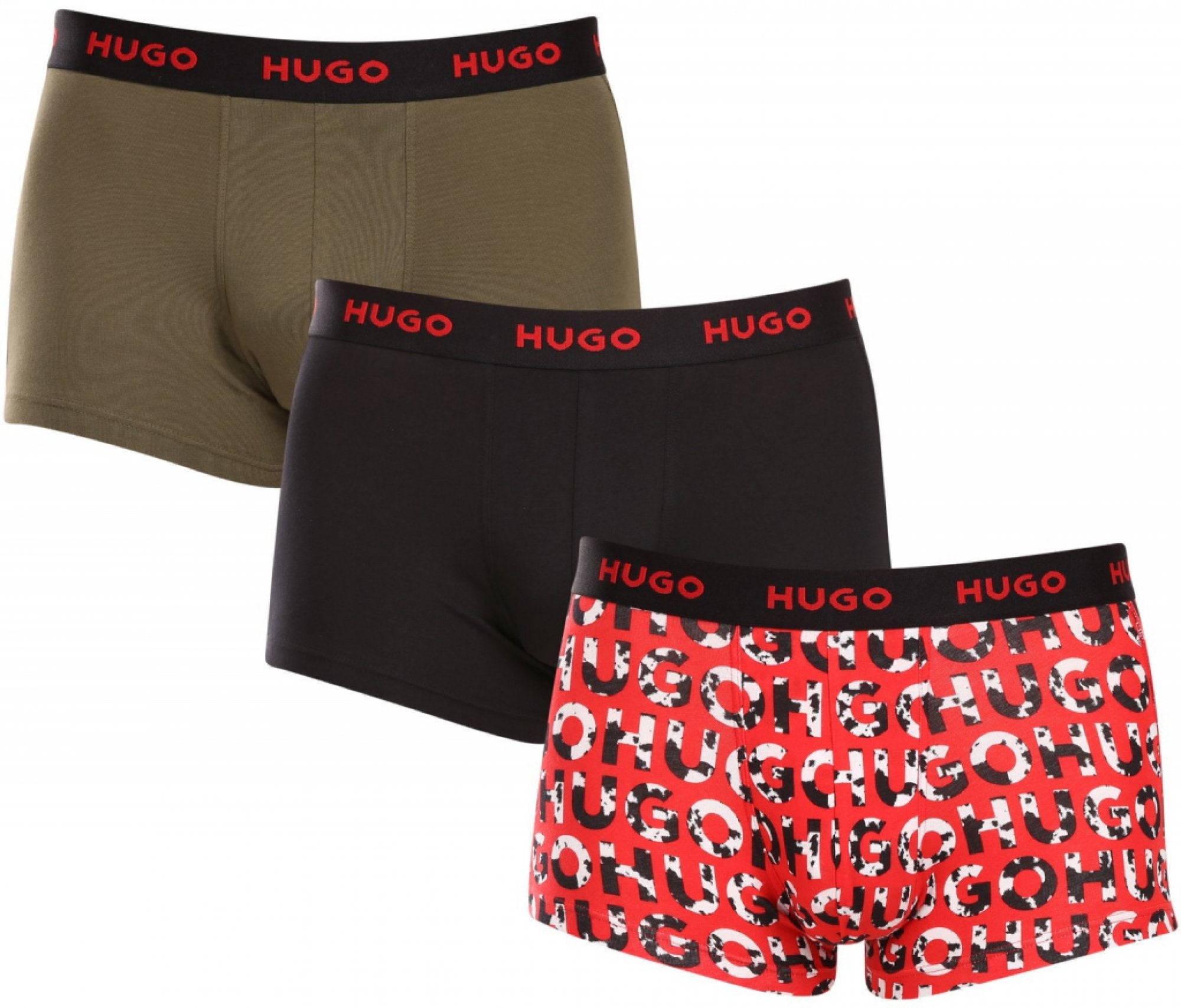 Hugo 3 Pack Stretch Cotton Trunks with Logo Waistbands - Black/Olive/Red