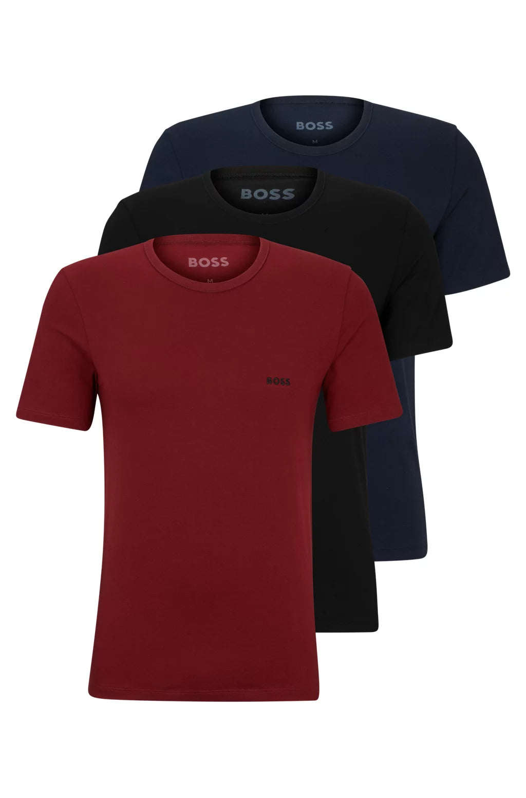 Boss 3 Pack Regular Fit Cotton T-Shirts Logo Embroidered - Red/Blue/Black