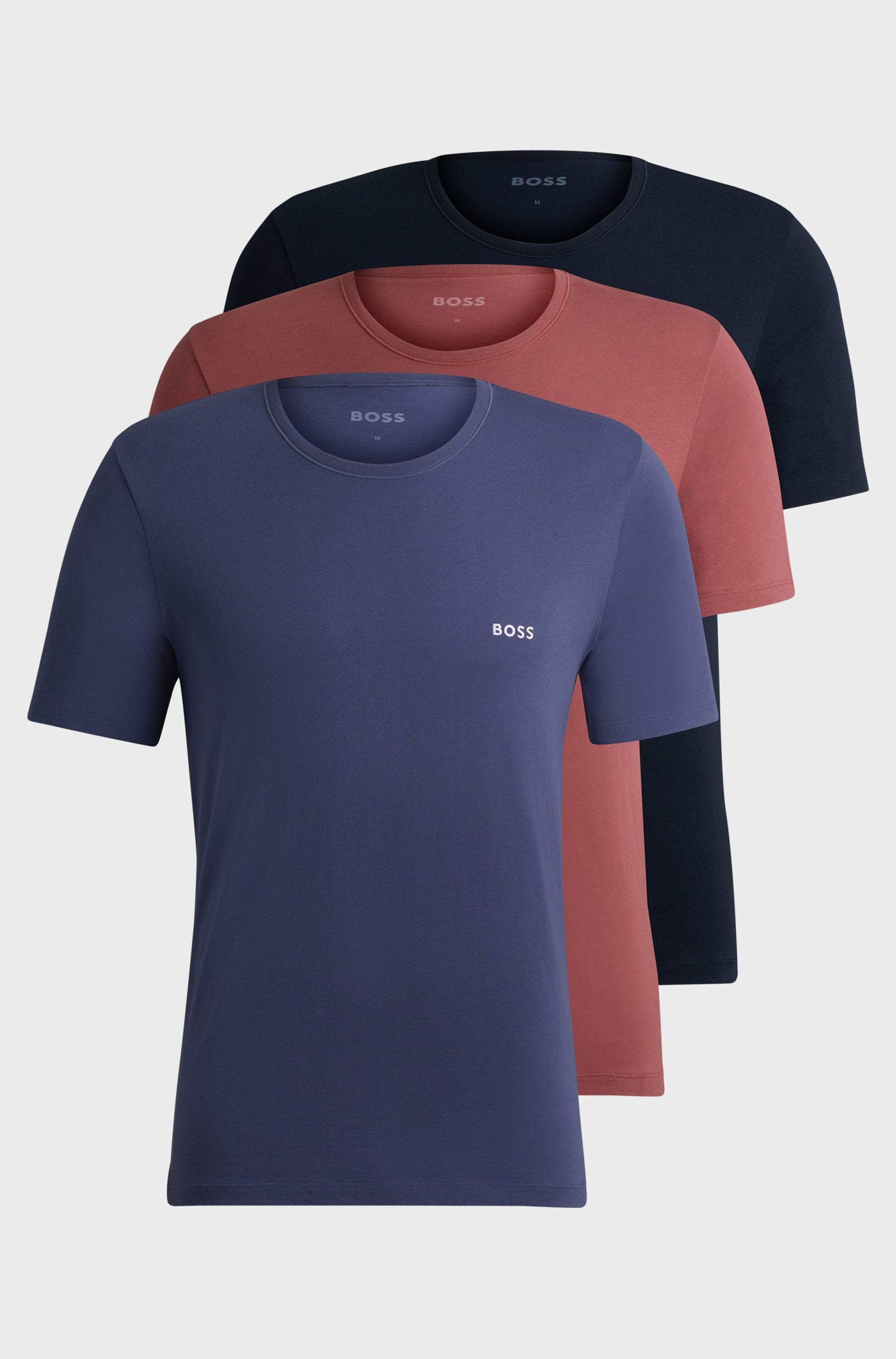 Boss 3 Pack Cotton Underwear T-Shirts With Logo Embroidered - Red / Blue / Dark Blue