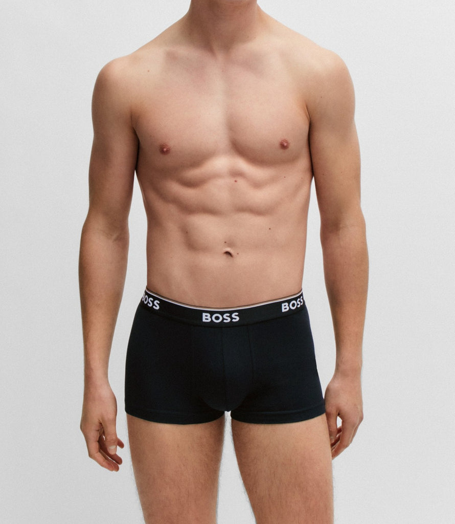 Boss 3 Pack of Stretch-Cotton Trunks - Black with Black/White/Brown Waistbands