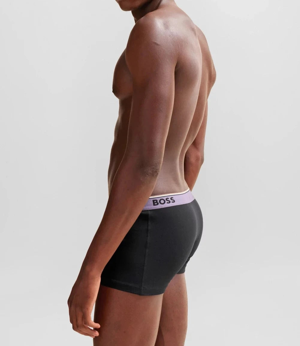 Boss 3 Pack of Stretch-Cotton Trunks - Black with Yellow/Purple/Charcoal Waistbands