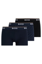 Boss 3 Pack of Stretch Cotton Trunks - Black, Blue, Print with Logo waistbands