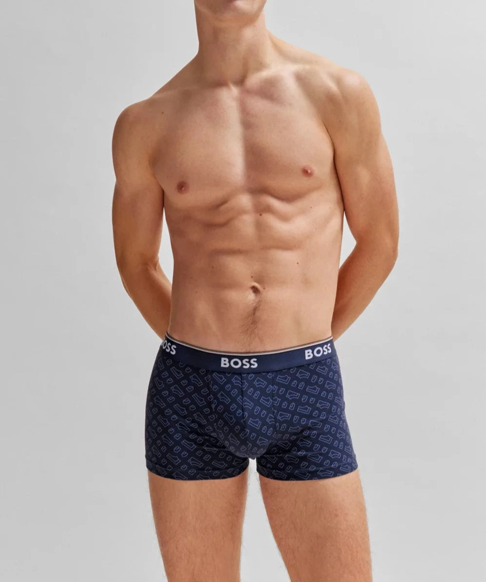 Boss 3 Pack of Stretch Cotton Trunks - Black, Blue, Print with Logo waistbands