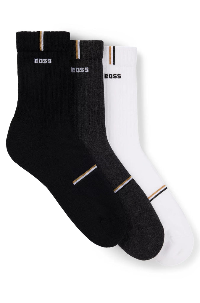 Boss 3 Pack Short Socks with Logos - Black / Charcoal / White