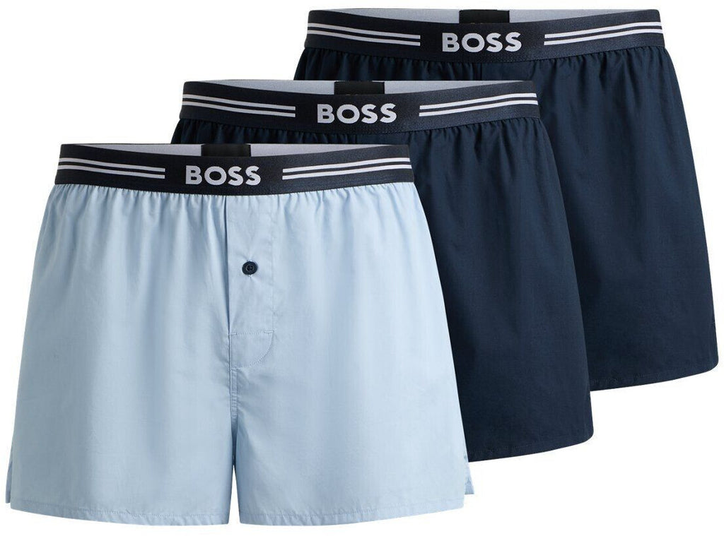 Boss 3 Pack Woven Boxers / Pyjama Shorts in Cotton Poplin - Blue