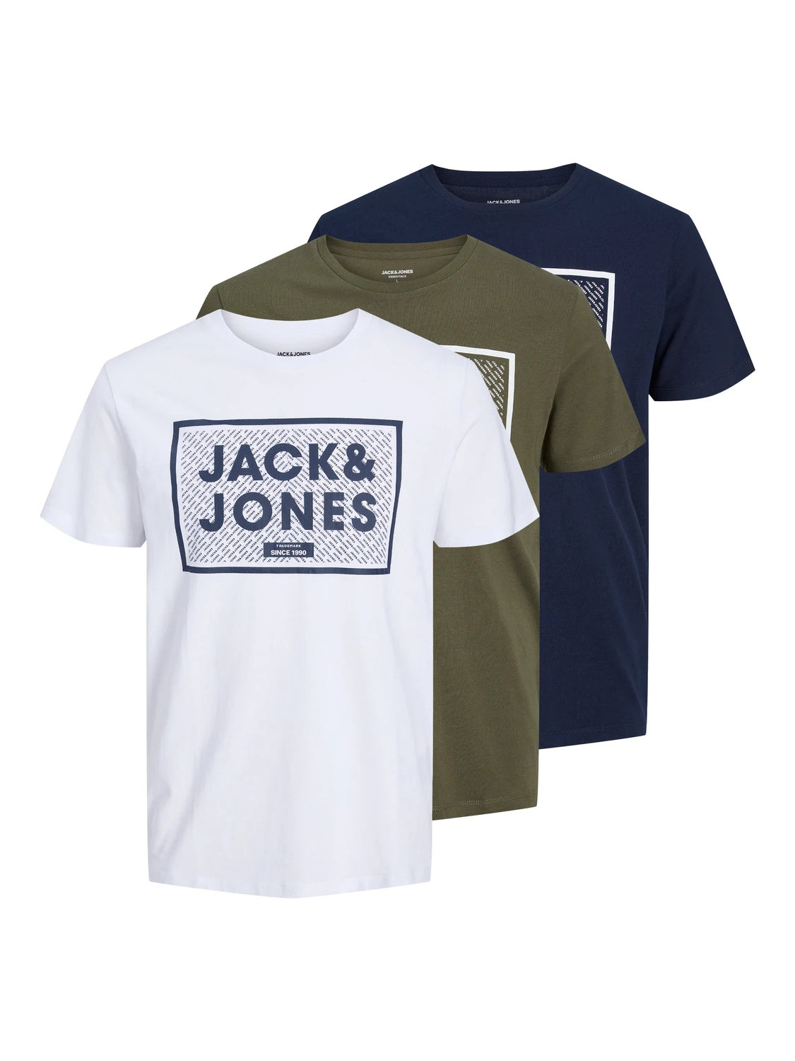 Jack & Jones 3 Pack Logo Crew Neck T-Shirts - White/Navy/Olive