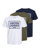 Jack & Jones 3 Pack Logo Crew Neck T-Shirts - White/Navy/Olive