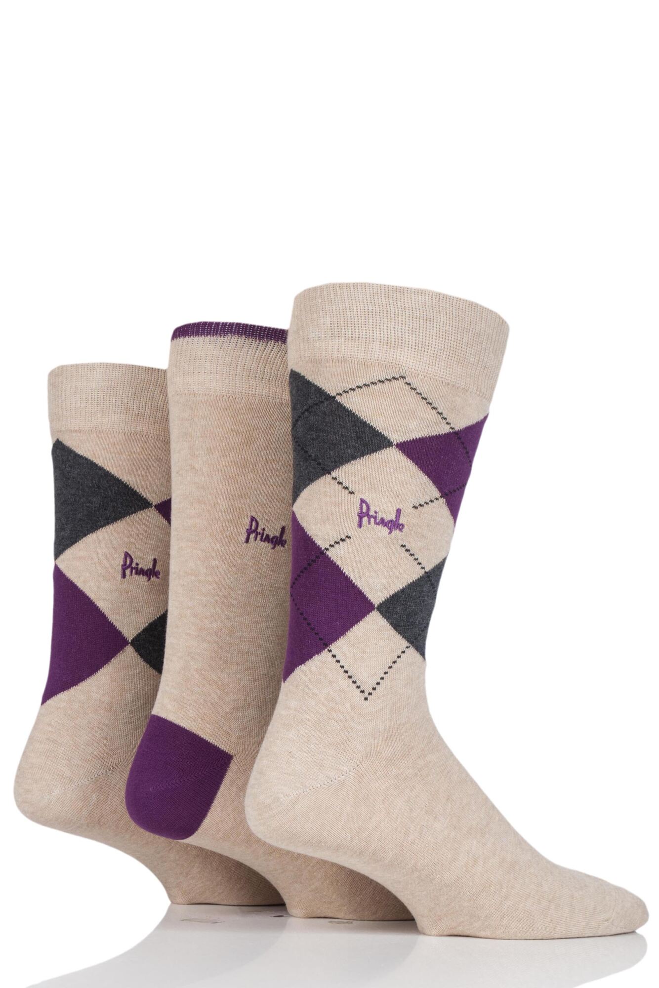 Pringle - 3 Pair Men's Waverley Argyle Patterned- Soft Cotton Rich Socks - Beige