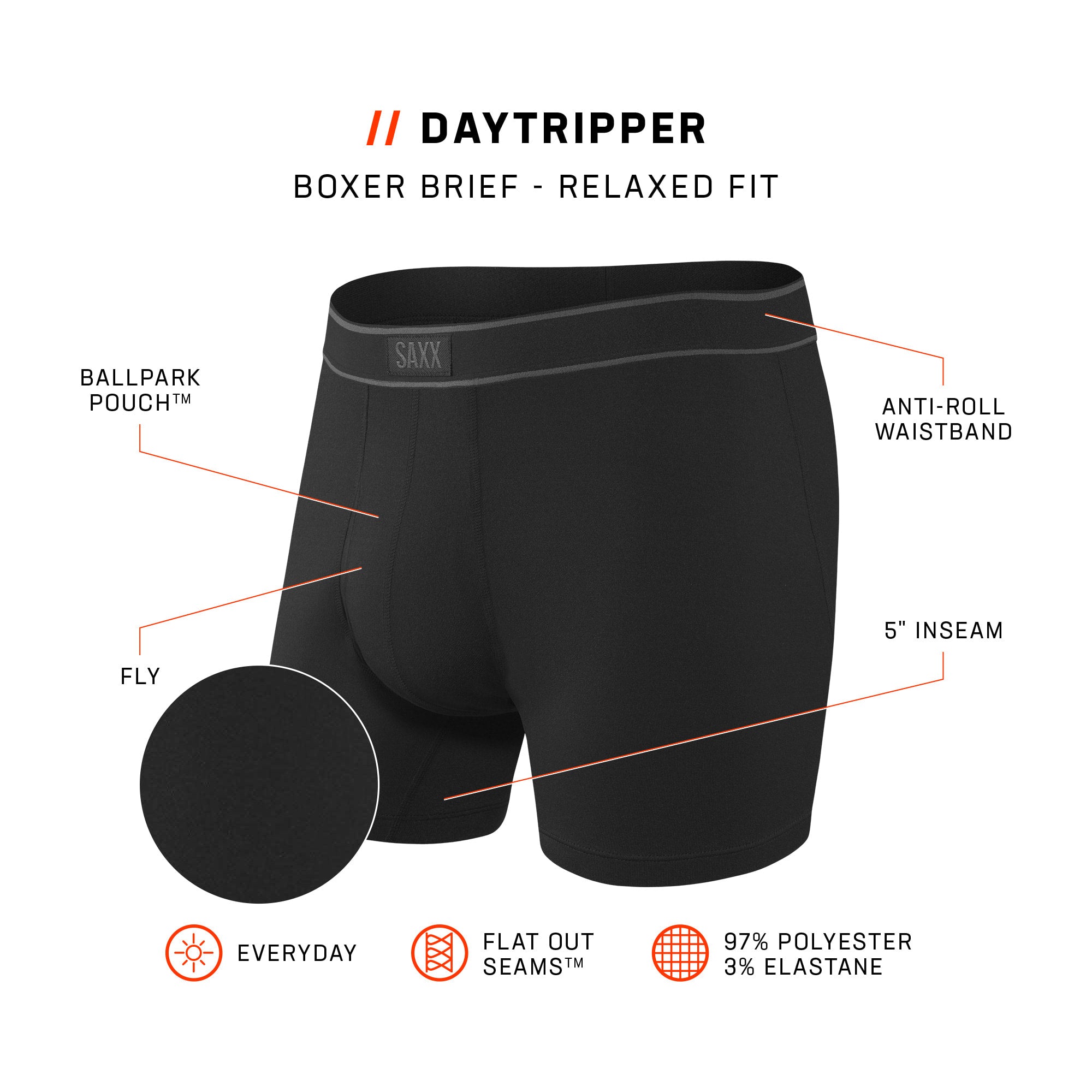 Saxx Underwear Daytripper 1 Pack Boxer Briefs - Black