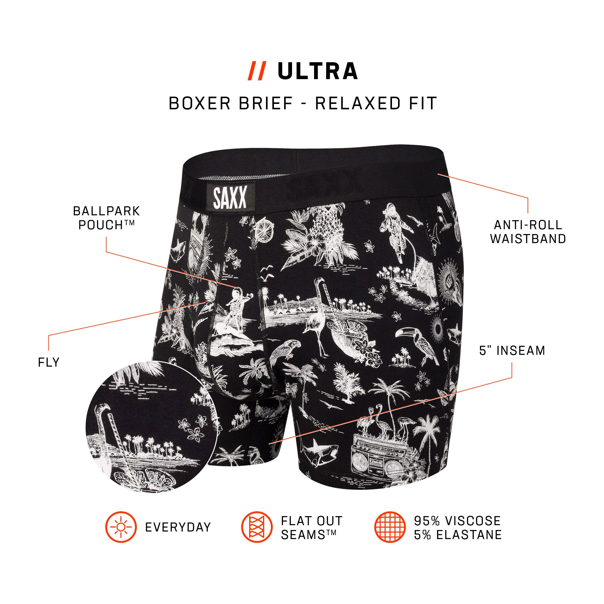 Saxx Ultra Super Soft 1 Pack Boxer Briefs - Black Astro Surf & Turf