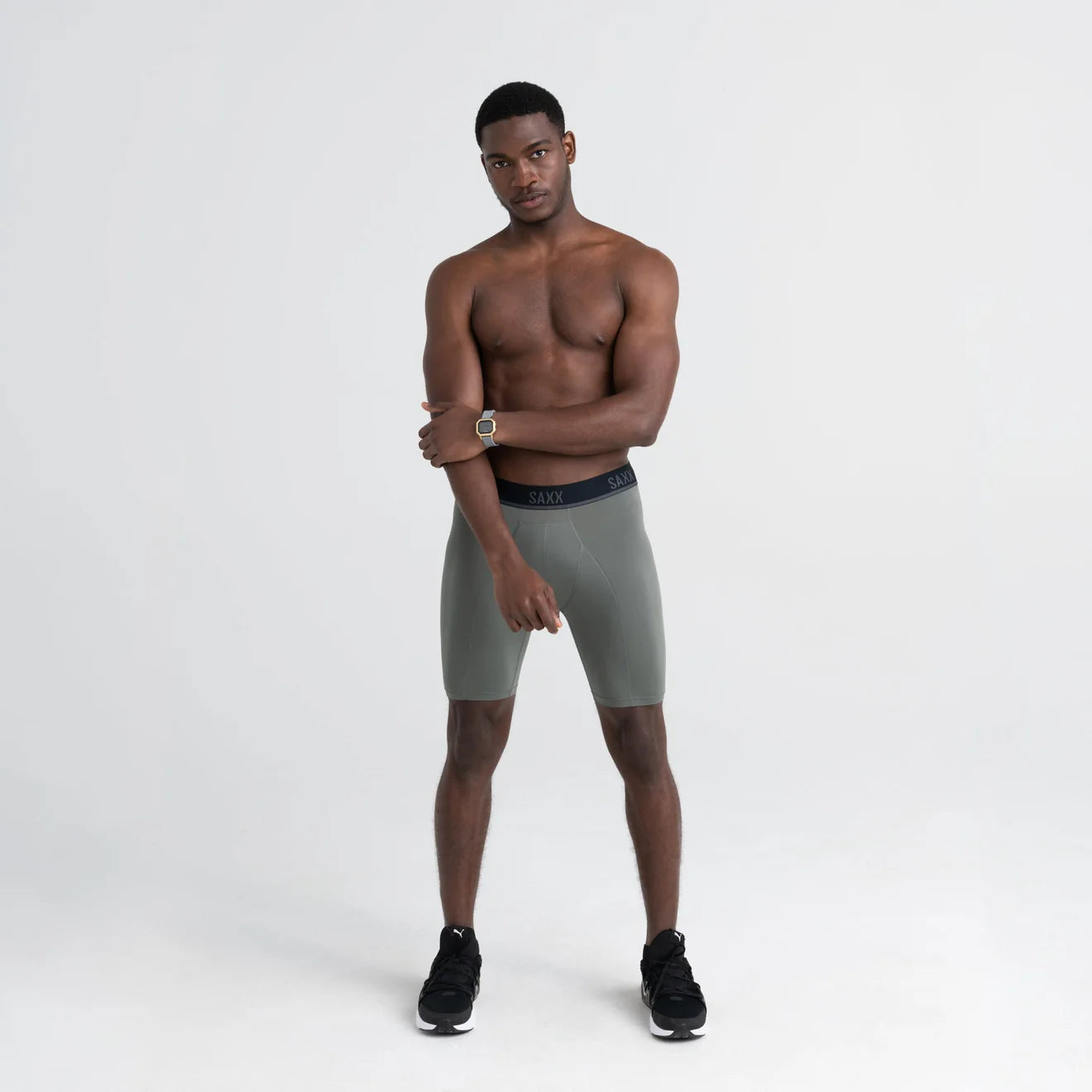 Saxx Underwear Kinetic Light-Compression Mesh Long Leg Boxer Briefs - Cargo Grey