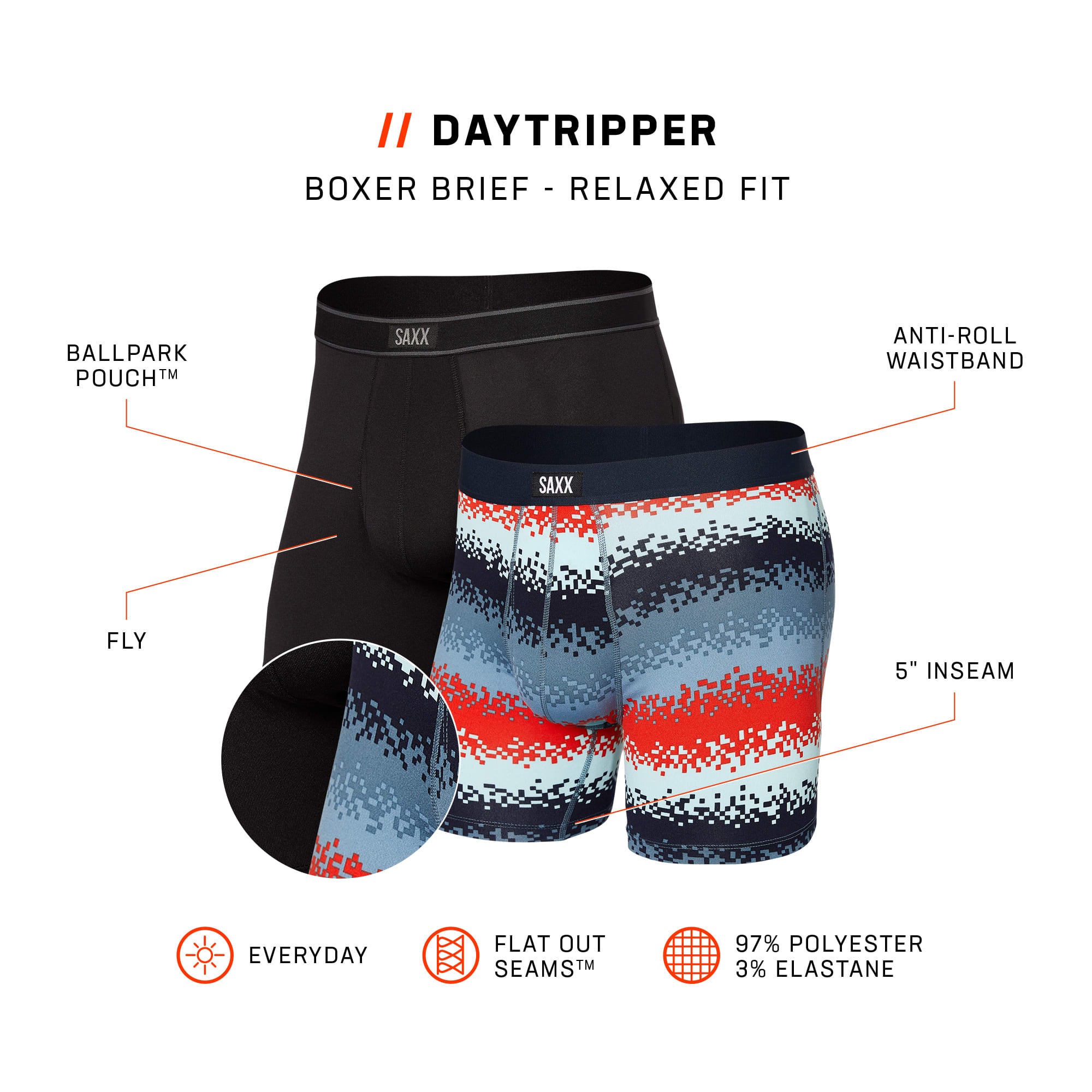 Saxx Underwear Daytripper 2 Pack Boxer Briefs - Tec Rec Stripes/ Black