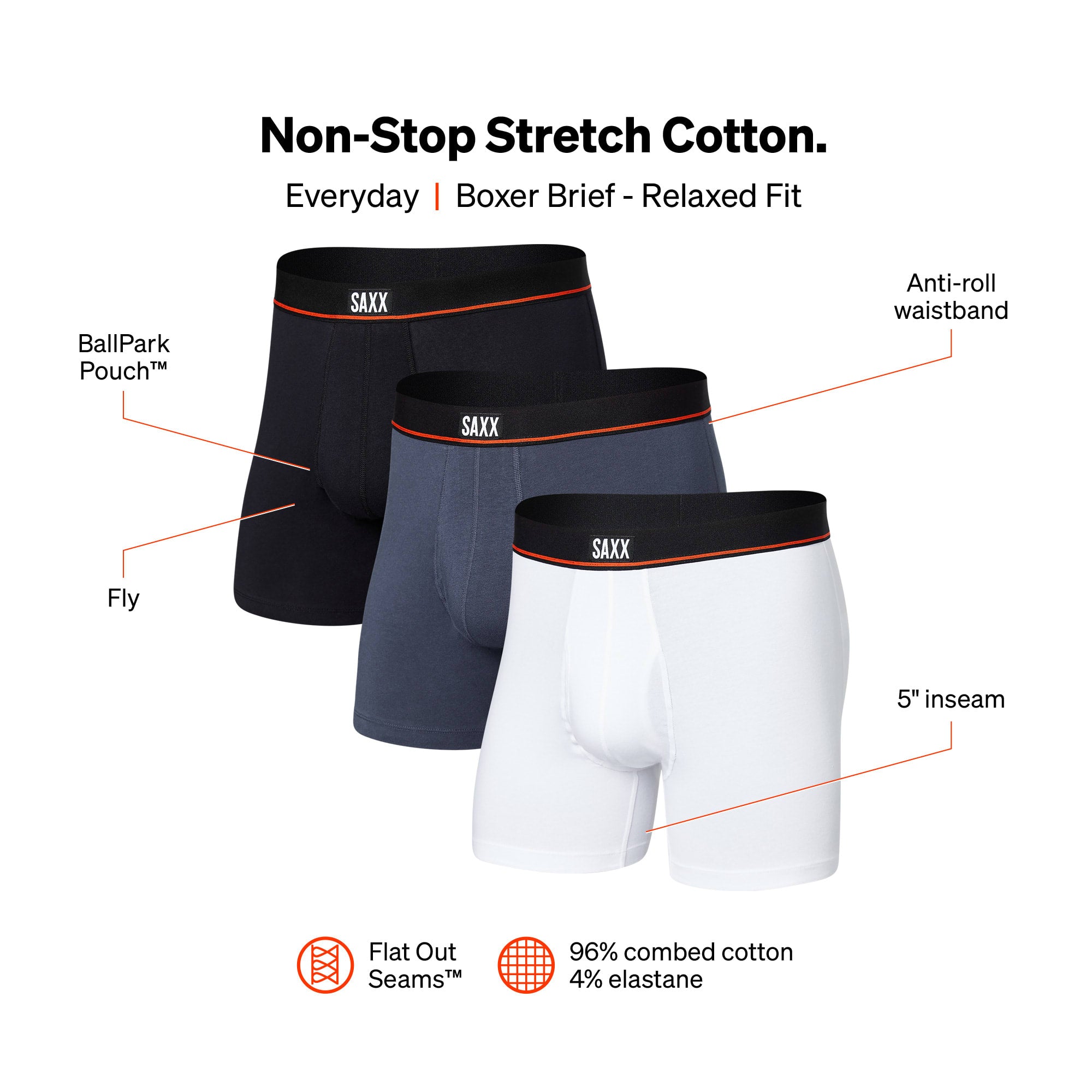 Saxx Non Stop Stretch Cotton 3 Pack Boxer Briefs - Black/Navy/White