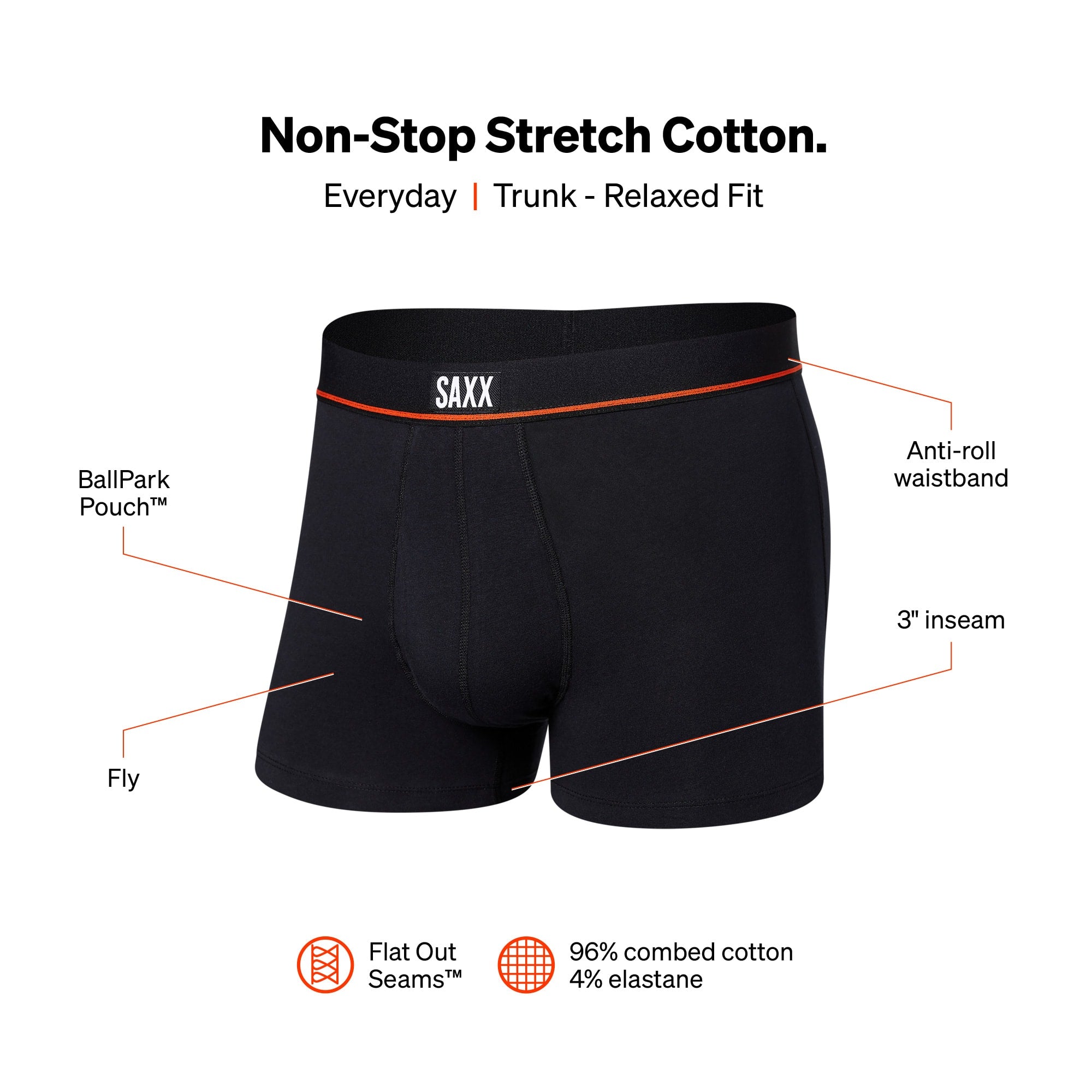 Saxx Underwear Non Stop Stretch Cotton 1 Pack Trunks - Black