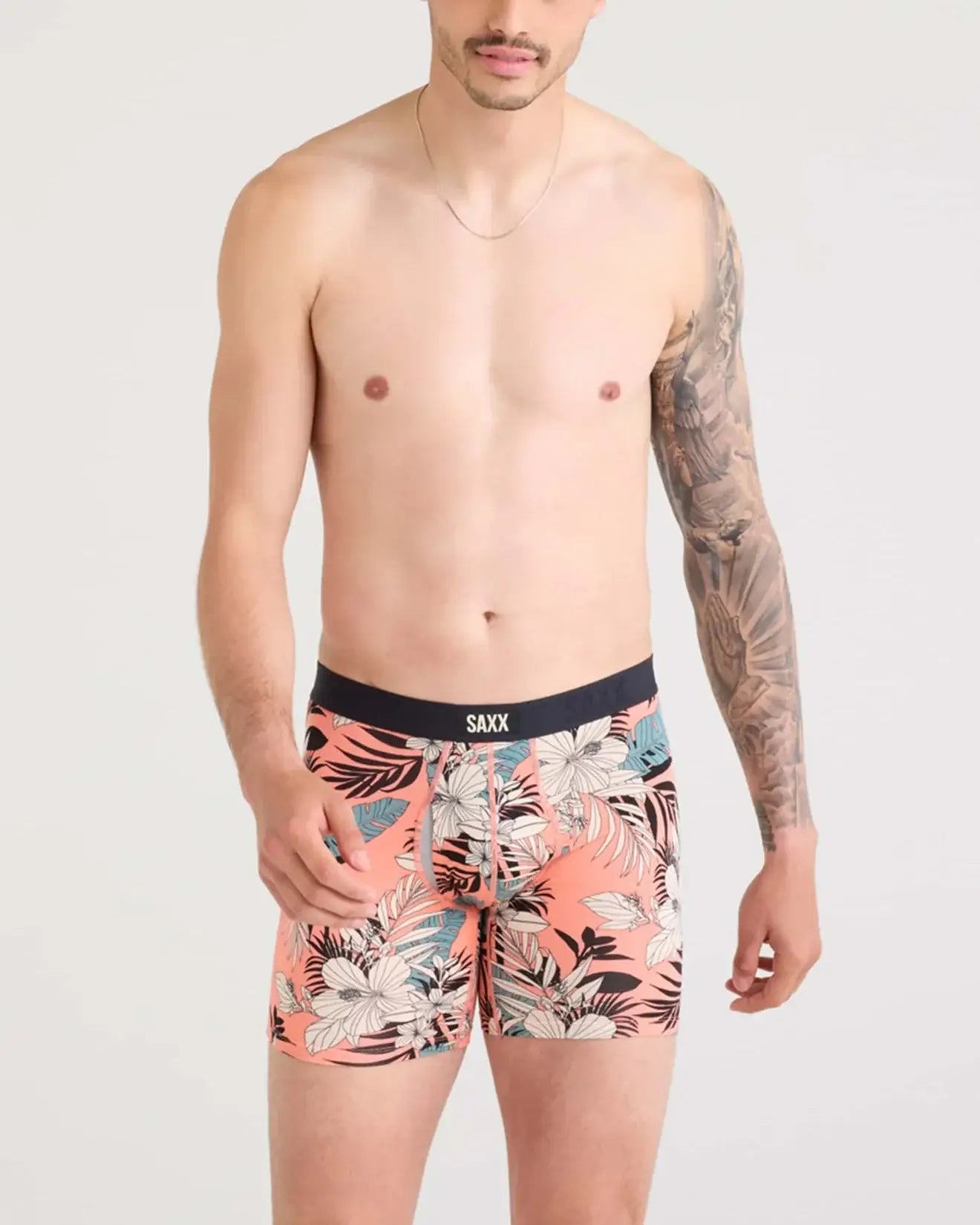 Saxx Underwear Vibe Xtra 1 Pack Soft Comfort Boxer Brief 6" - Hibiscus Jungle-Coral