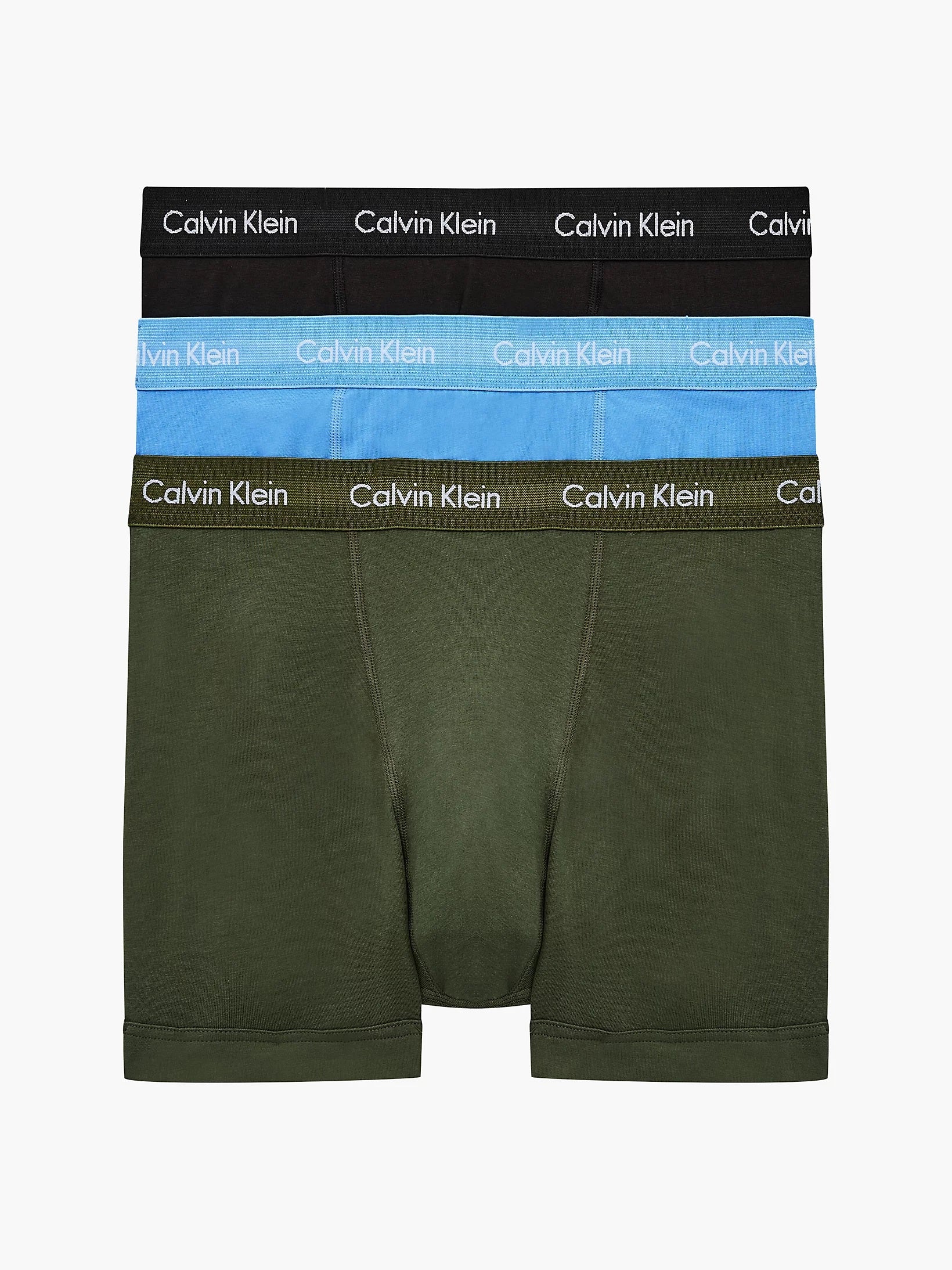 Calvin Klein 3 Pack Men’s Trunks - Cotton Stretch – Dusk Green/ Copenhagen Blue/ Black