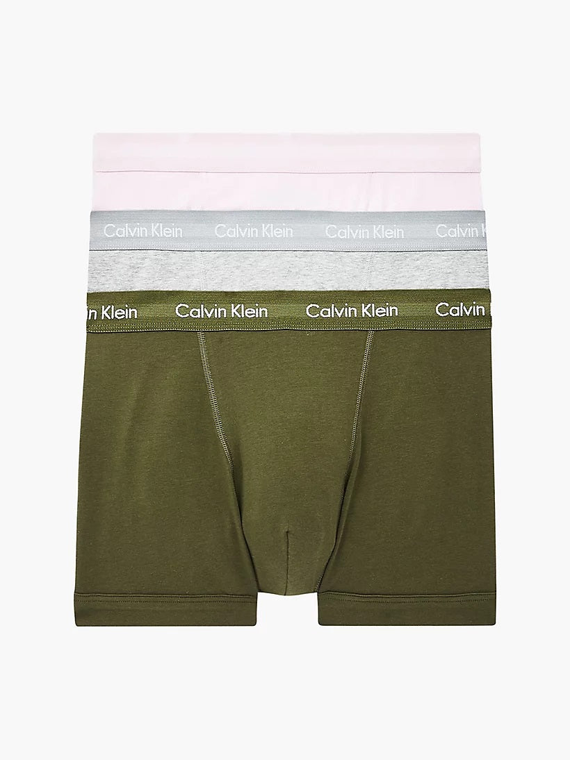 Calvin Klein 3 Pack Trunks- Cotton stretch ( Dusk Green/Heather Grey/Pink )