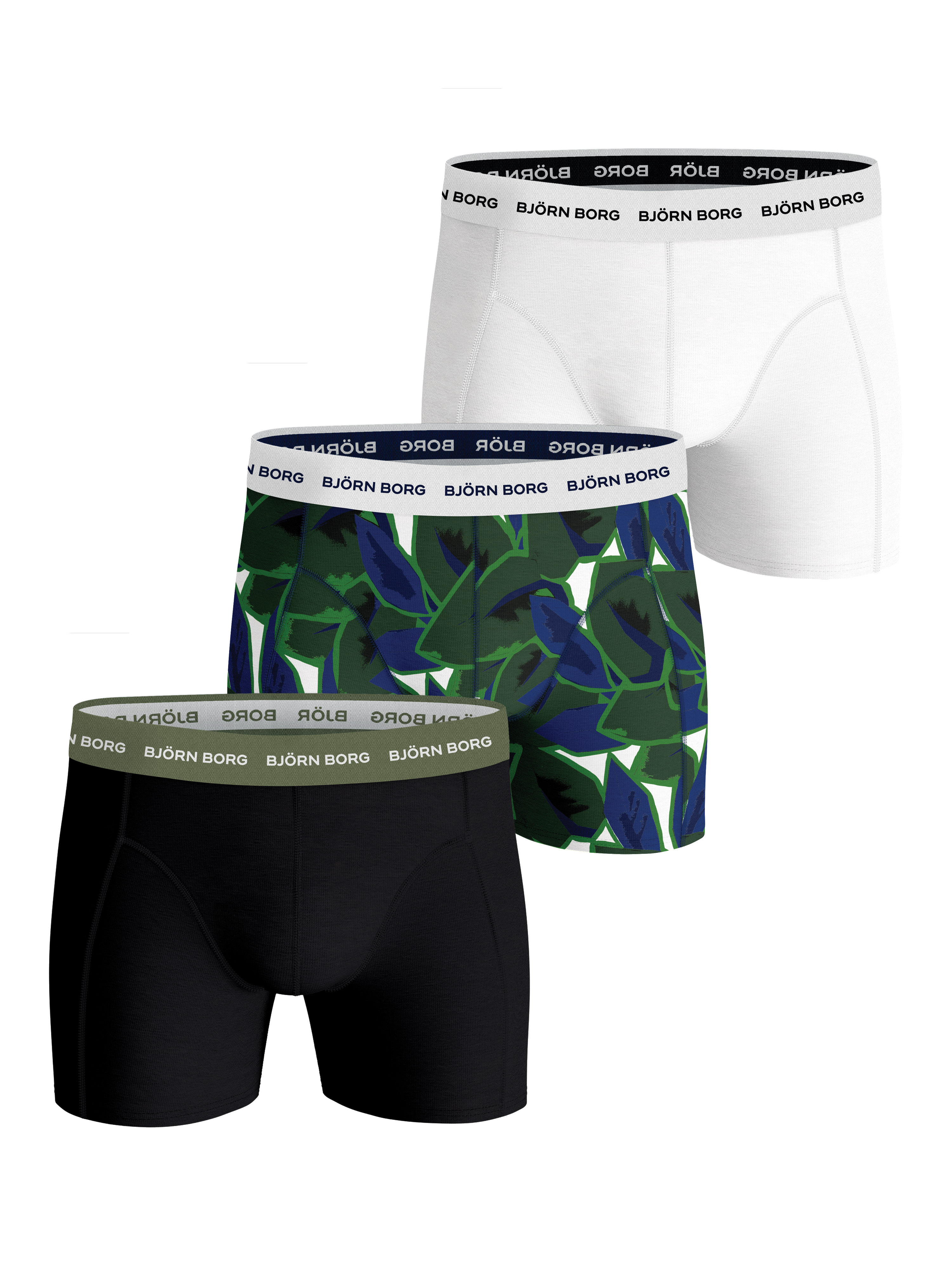 Björn Borg Essential Boxer 3 Pack- Black, White, Green Print - MP004