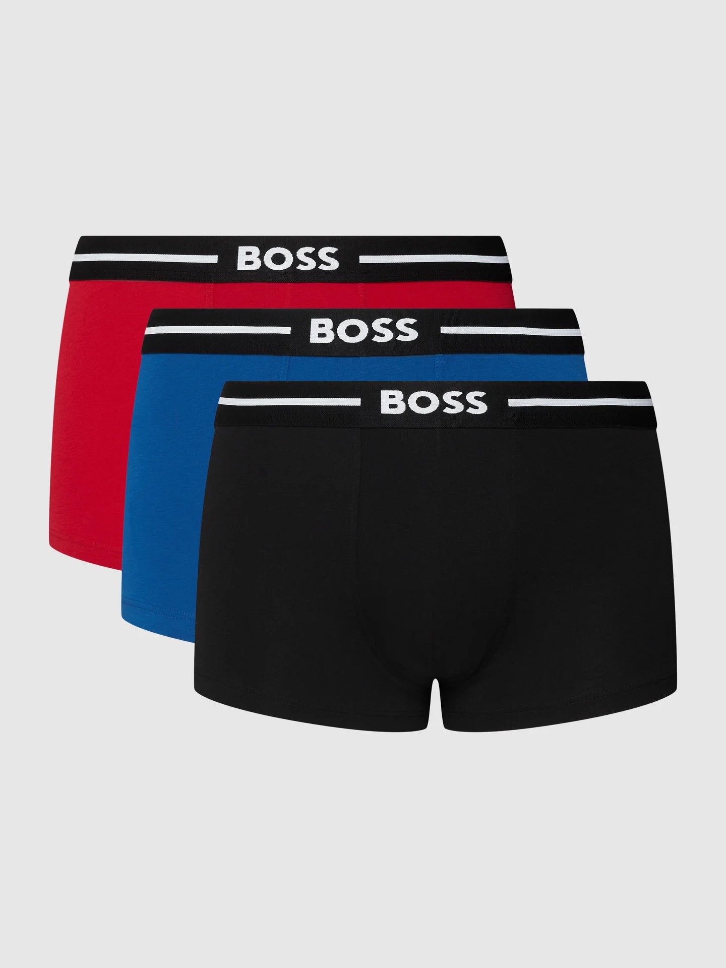 Boss - 3 Pack of Stretch Cotton Trunks with Logo Waistbands - Red/Navy/Blue