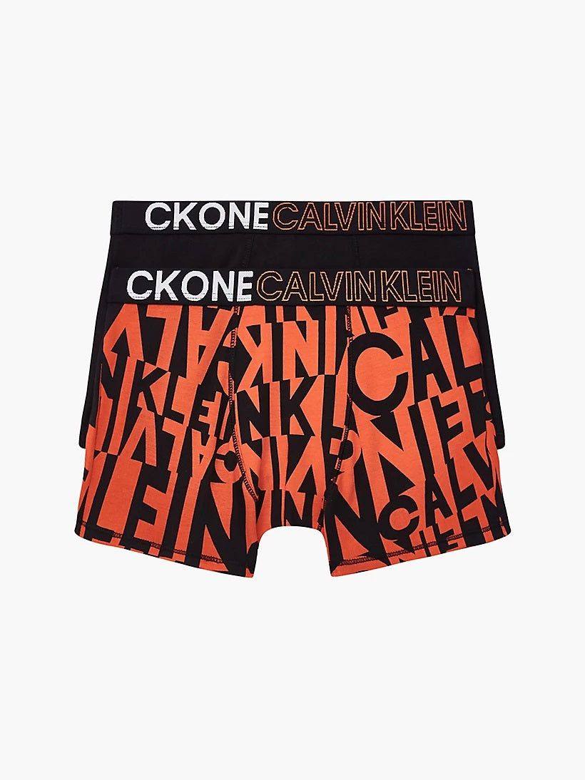 Calvin Klein 2 Pack Organic Cotton Boys Trunks - CK ONE ( Orange / Black Print )