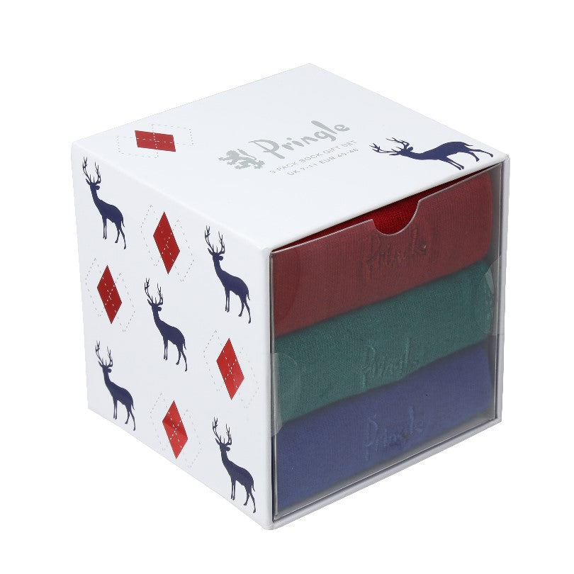 Pringle Mens 3 Pack Stag Cube Box With Red/Green/Blue Socks