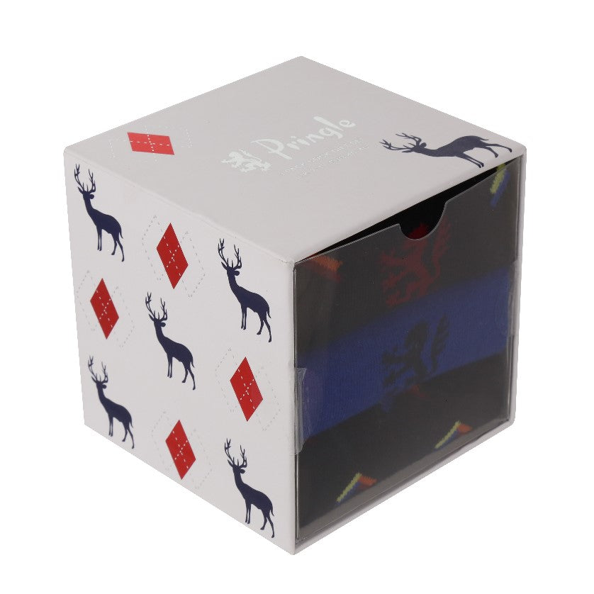 Pringle Mens 3 Pack Stag Cube Box With Navy/Blue Socks – Trunks and Boxers