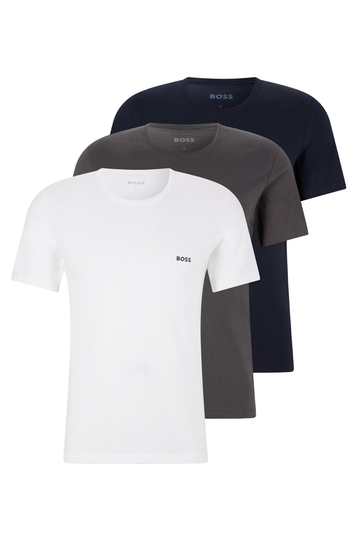 Hugo Boss 3 Pack Regular Fit Logo-Embroidered Cotton T-Shirts - White / Blue / Grey