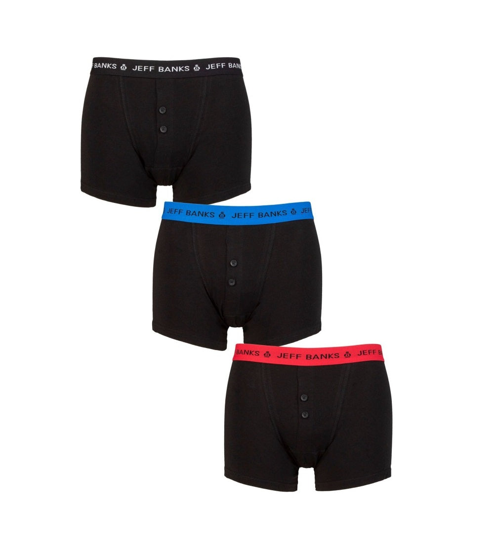 Jeff Banks 3 Pack Men's Marlow Button Boxer Shorts- Black Contrast