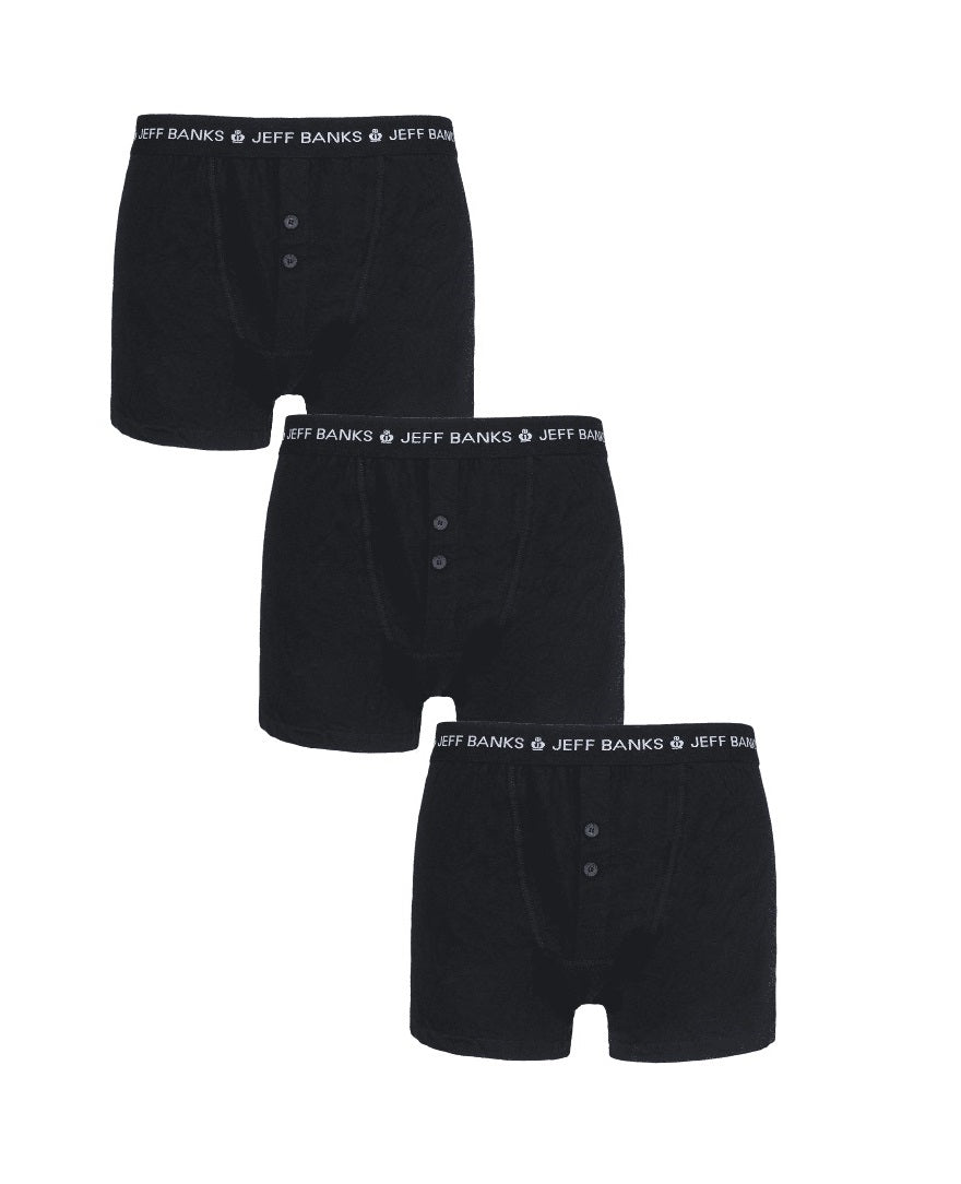 Jeff Banks 3 Pack Men's Marlow Button Boxer Shorts- All Black