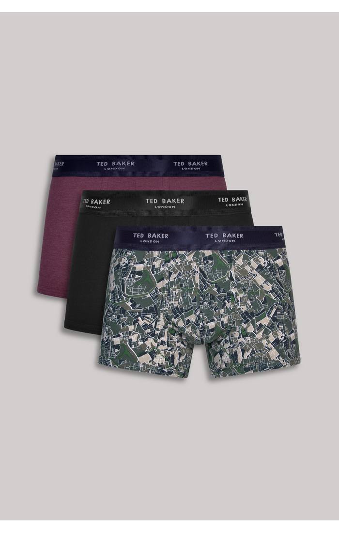 Ted Baker - 3 Pack Fashion Cotton Stretch Trunks - Burgundy/Black /Green