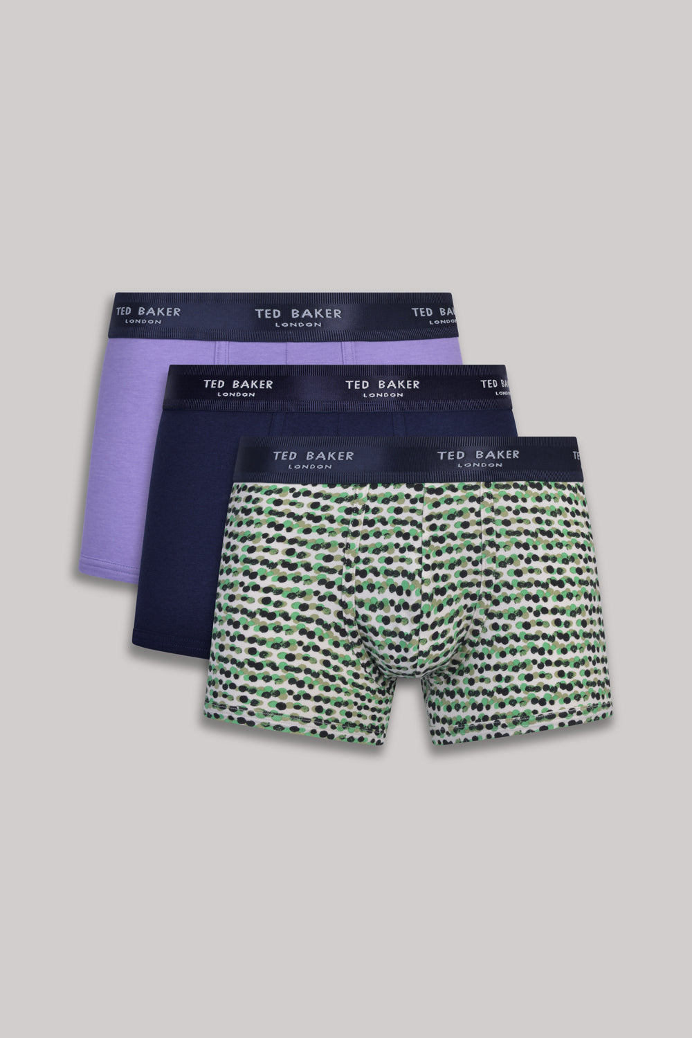 Ted Baker 3 Pack Cotton Stretch Fashion Trunks - Purple Haze, Navy, Deimos Green