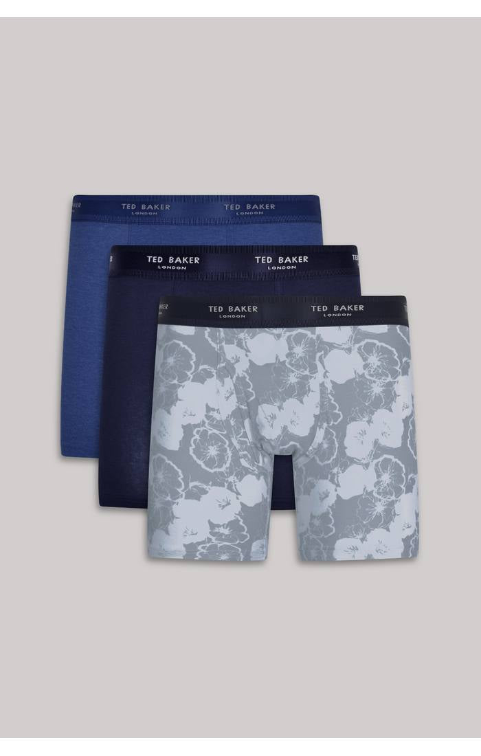 Ted Baker 3 Pack Cotton Stretch Boxer Briefs - Blue / Cobalt / Floral Grey