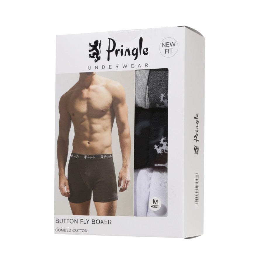 Pringle 3 Pack William Button Front Cotton Stretch Boxers – Black/White/Grey