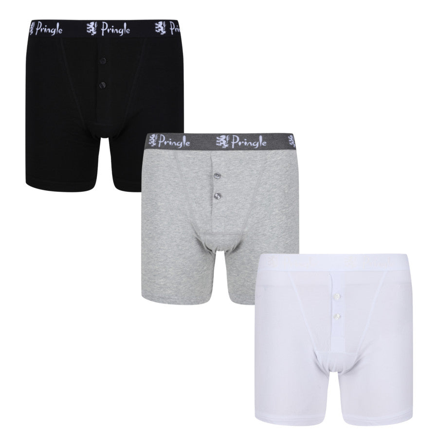 Pringle 3 Pack William Button Front Cotton Stretch Boxers – Black/White/Grey