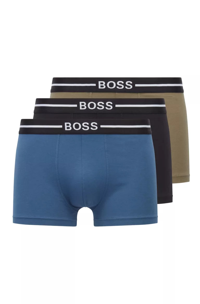 Hugo Boss Stretch Cotton Trunks, Pack of 3 - With Logo Waistbands Blue/Olive/Black -974