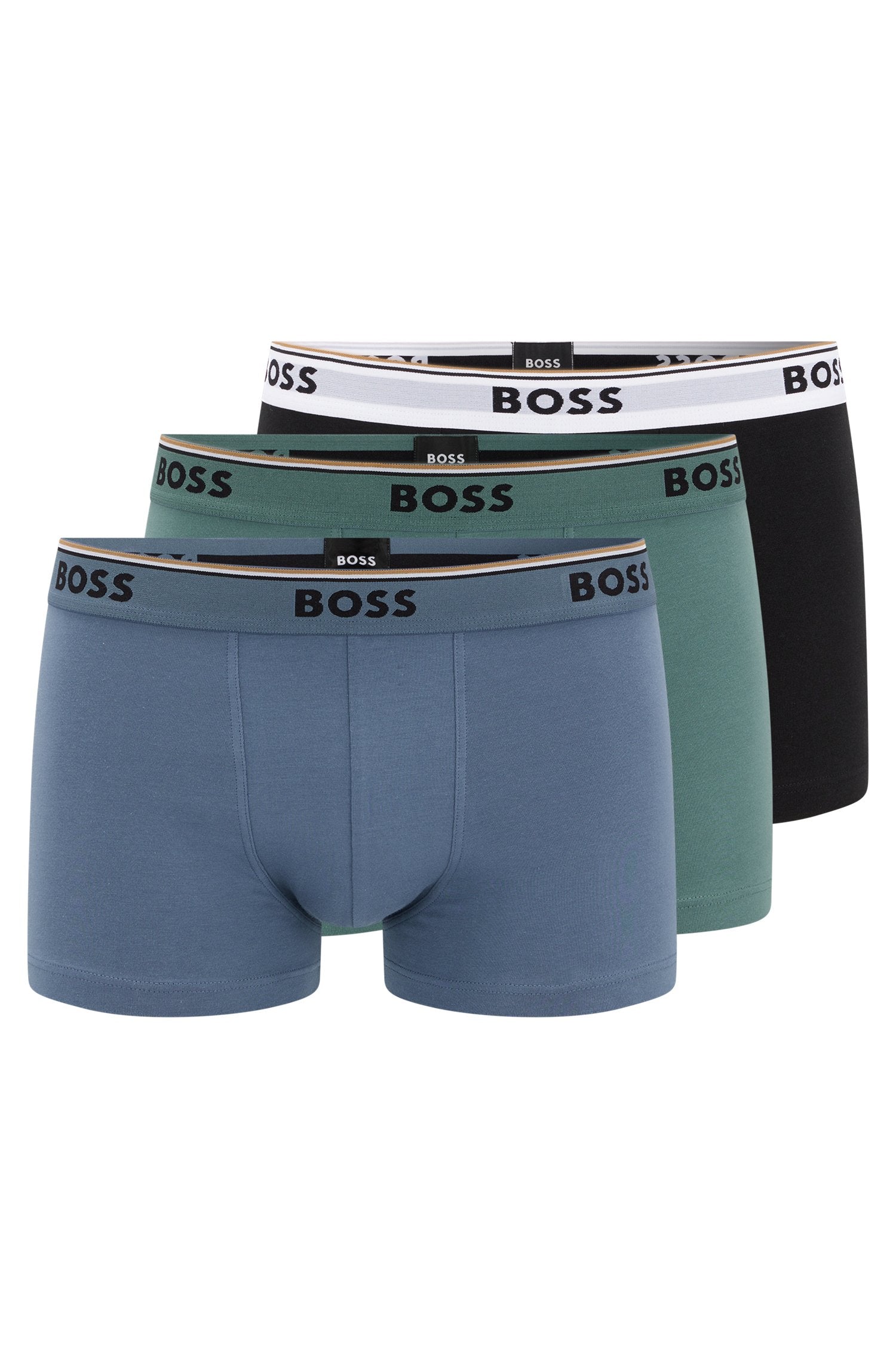 Boss 3 Pack of Stretch-Cotton Trunks with Logo Waistbands - Blue/Green/Black