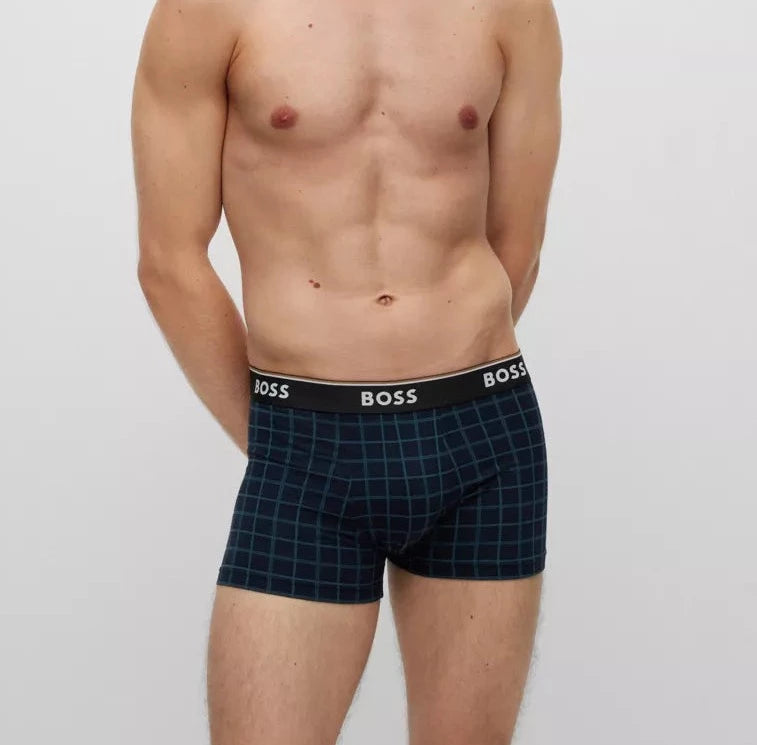 Boss 3 Pack of Stretch-Cotton Trunks with Logo Waistbands -Black/Blue - 974