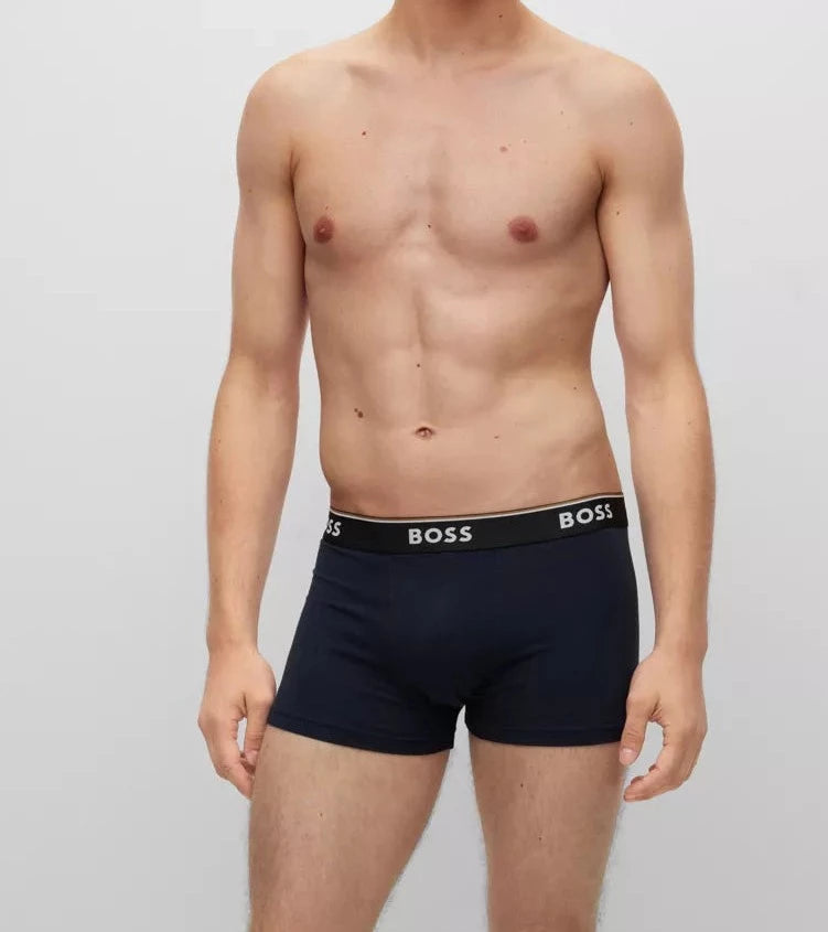 Boss 3 Pack of Stretch-Cotton Trunks with Logo Waistbands -Black/Blue - 974