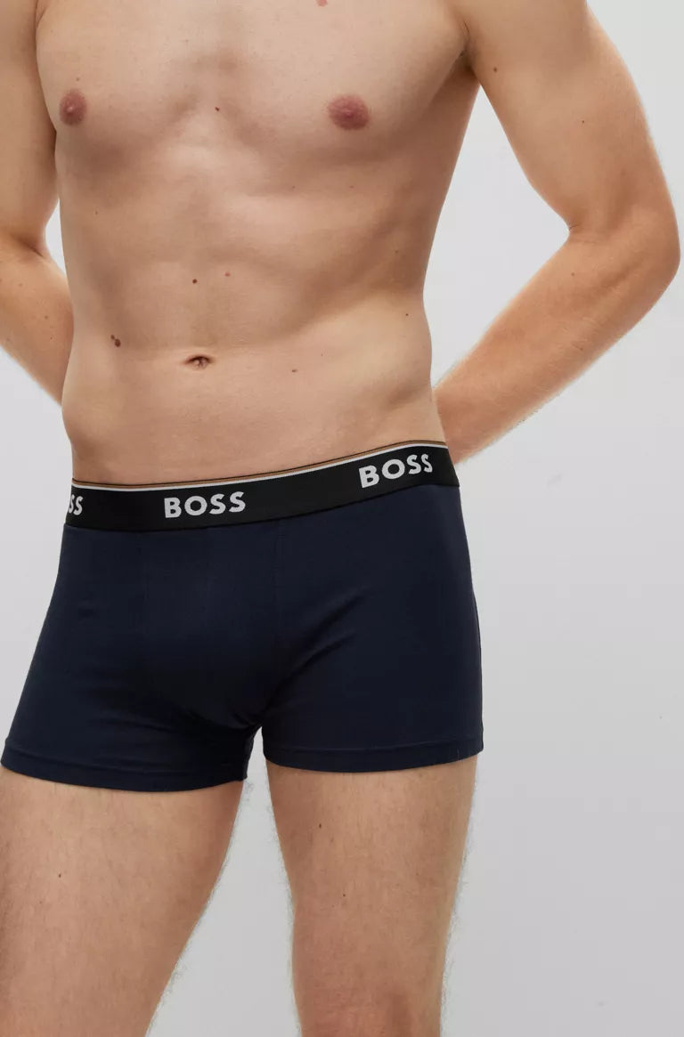 Boss 3 Pack of Stretch-Cotton Trunks with Logo Waistbands -Black/Blue - 974